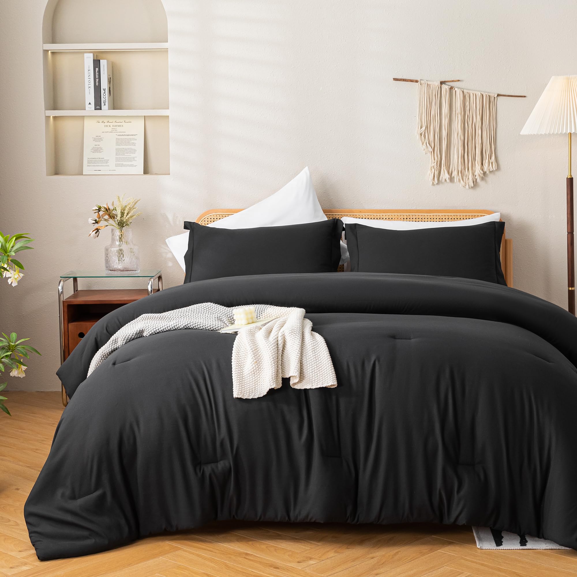 JANZAA 7-Piece Full Size Black Comforter Set - Microfiber Sheets, Pillowcases, Shams, Fitted & Flat Sheet - Soft Farmhouse Bedding for Cozy Bedroom Decor | Perfect for Guest Rooms, Dorms & Master Bedrooms