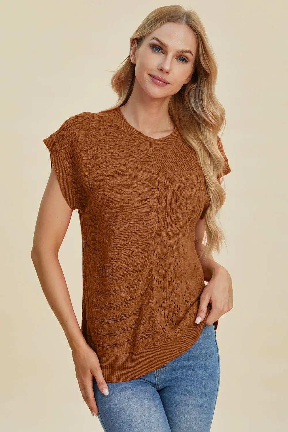Double Take Full Size Cable Knit Round Neck Cap Sleeve Sweater for Women - Cozy Winter Pullover for Office, Date Night & Casual Outfits