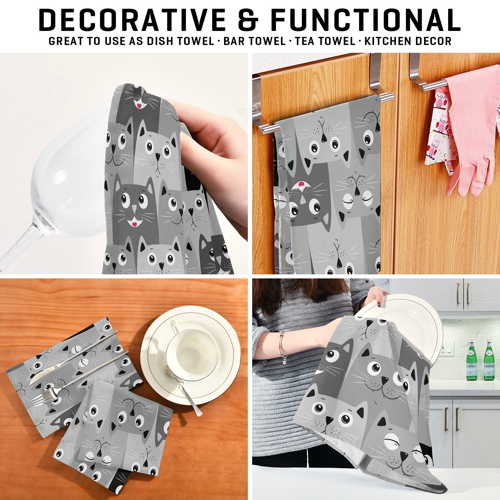 ALAZA Super Soft Cartoon Gray Cat Kitchen Towels - Set of 6 Absorbent 18x28 Inch Dish Towels & Dishcloths for Bar, Tea, Cooking & Cleaning