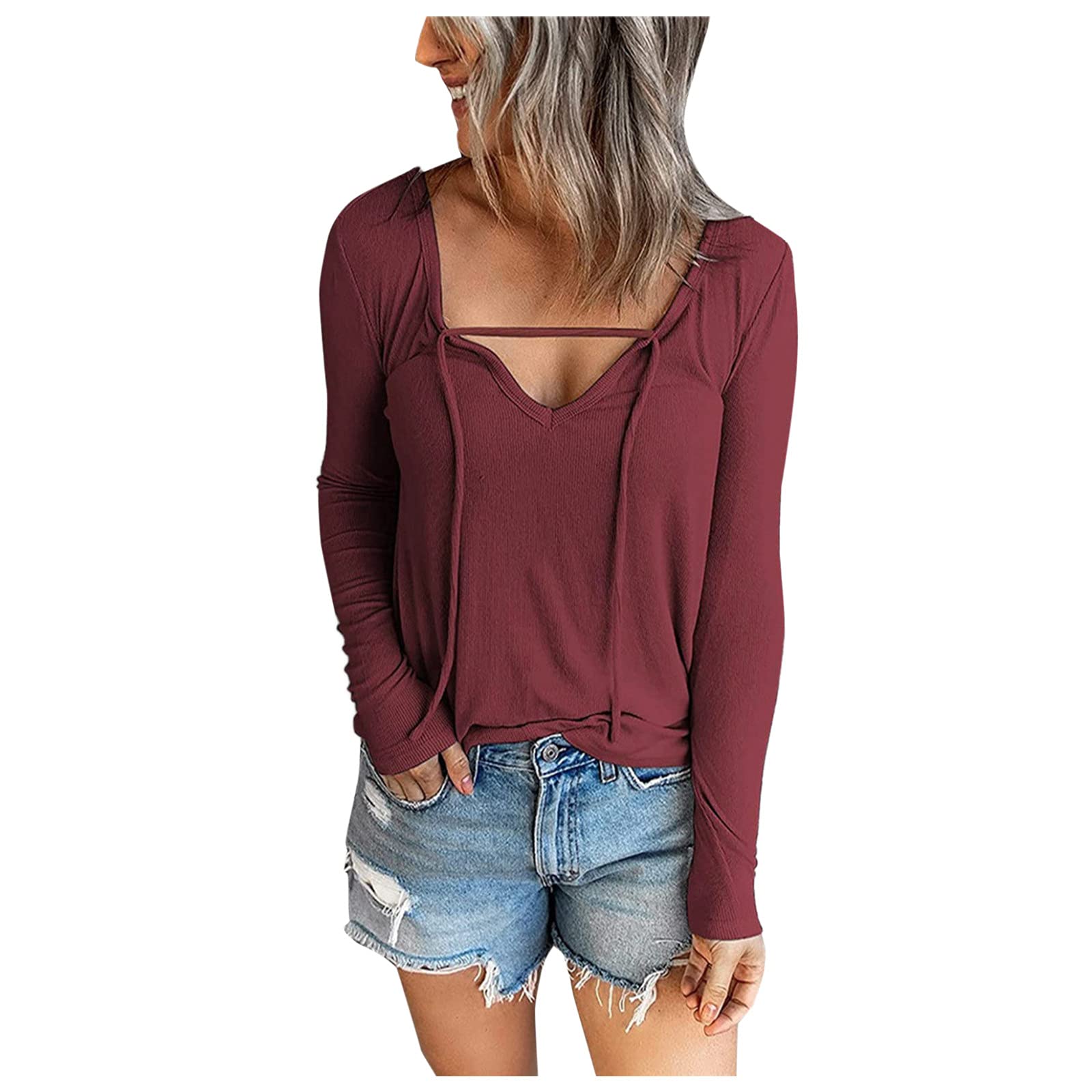 Plus Size Women's Long Sleeve T-Shirts - Casual Striped Blouse Tops in Multiple Colors (Wine Red) | Perfect for Work, Lounge & Everyday Wear
