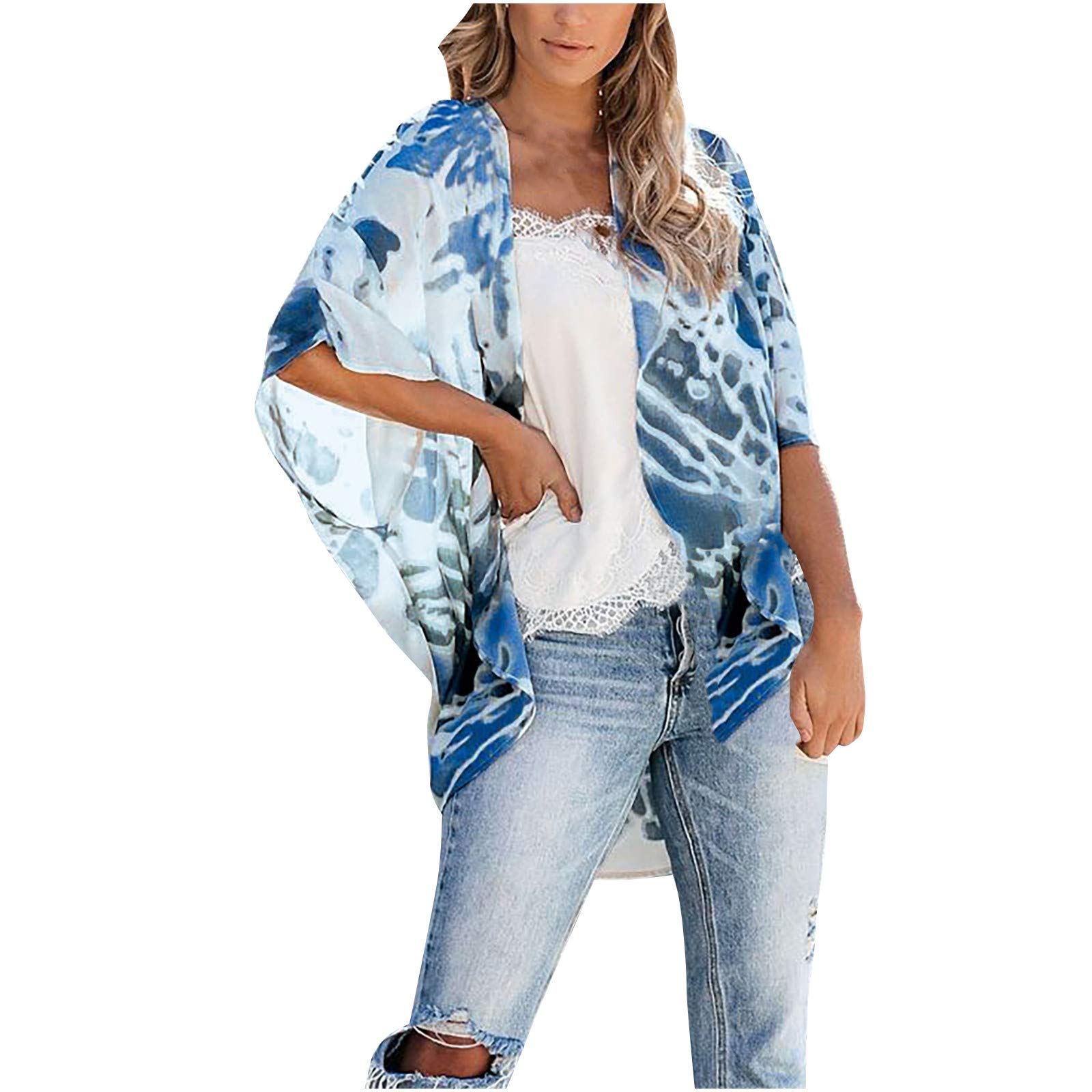 Women's Flowy Chiffon Kimono Cardigan - Printed Open Front Loose Blouse Top for Casual Wear, Beach Cover-Up & Boho Outfits