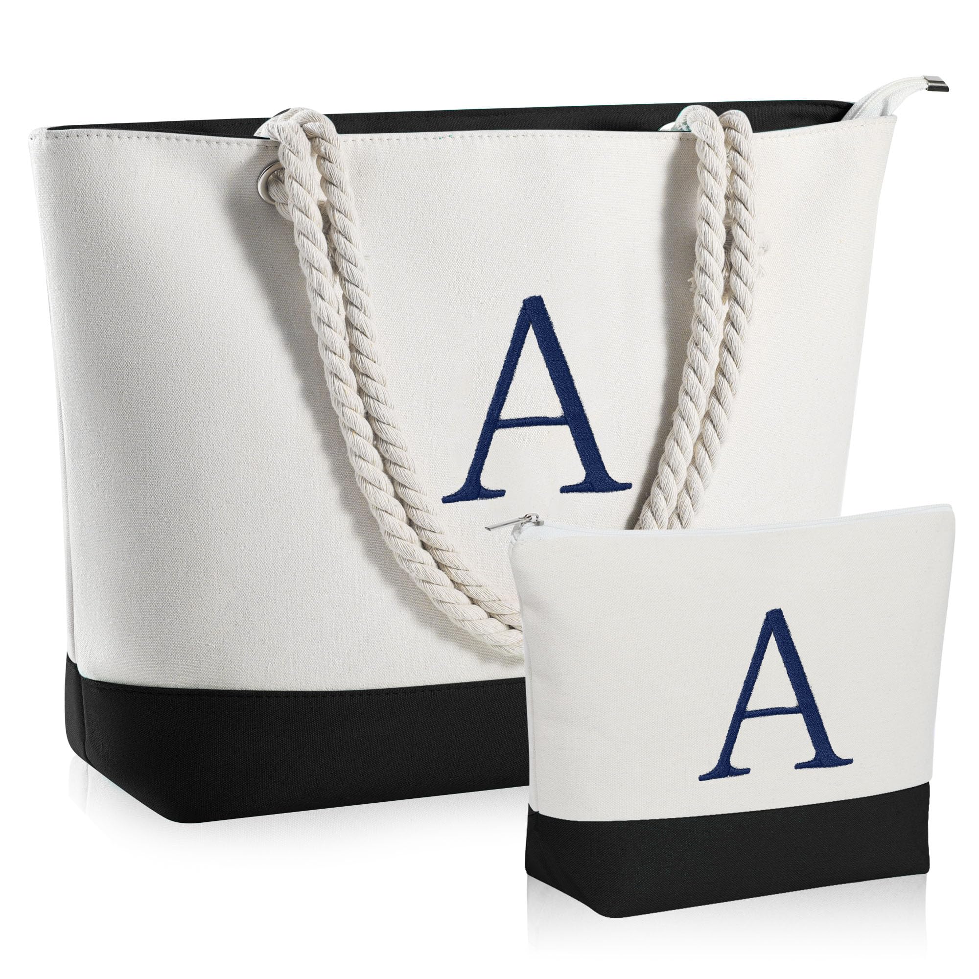 YOOLIFE Personalized Initial Canvas Tote Bag & Makeup Bag Set - Christmas Birthday Gifts for Women, Mom, Teacher, Friend | Trendy Reusable Shopping & Cosmetic Storage for Daily Use, Work, Travel