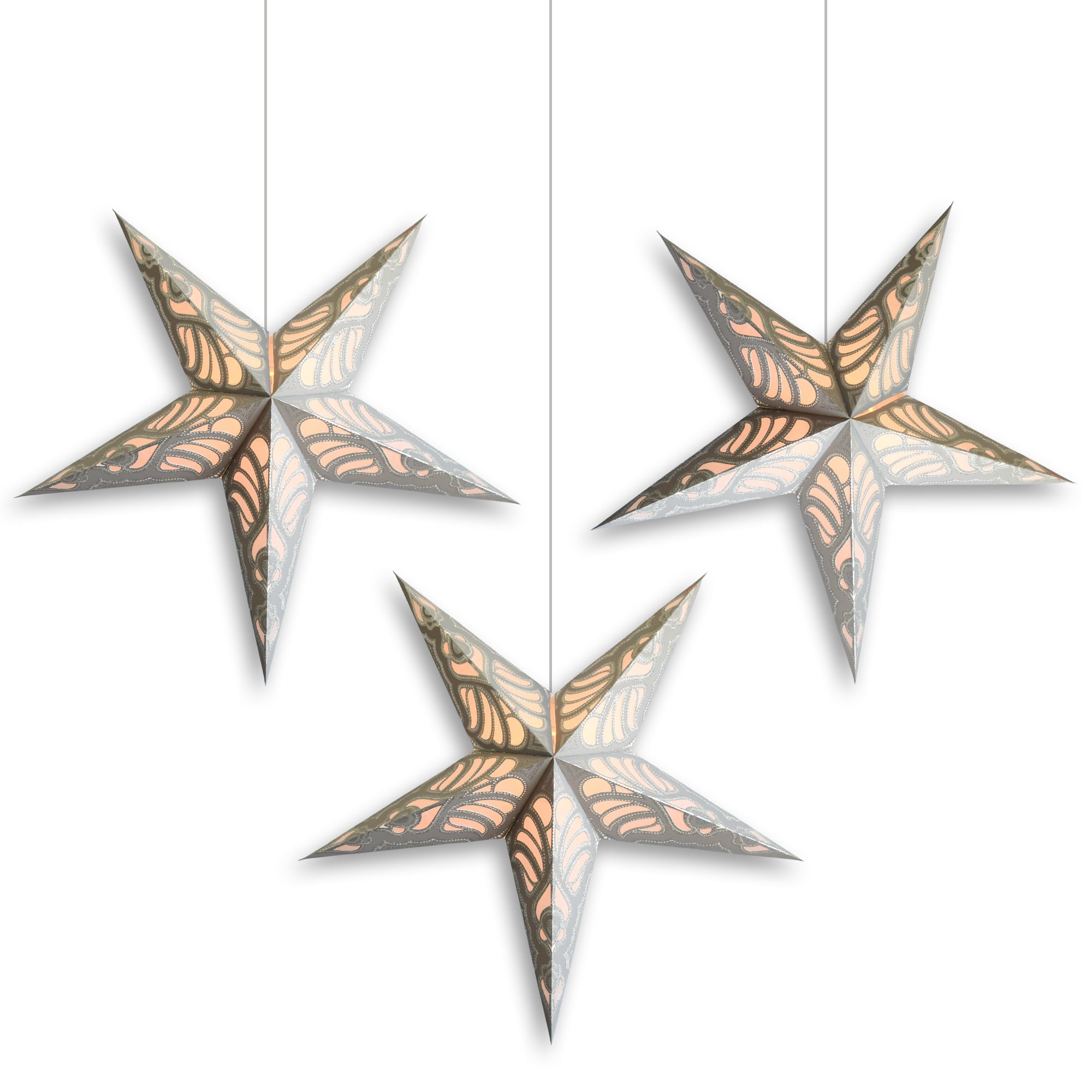 3 Pack 24 Inch White Glitter Paper Star Lantern with Triple Pendant Light - DIY Party Decor for Weddings, Baby Showers & Home Decoration