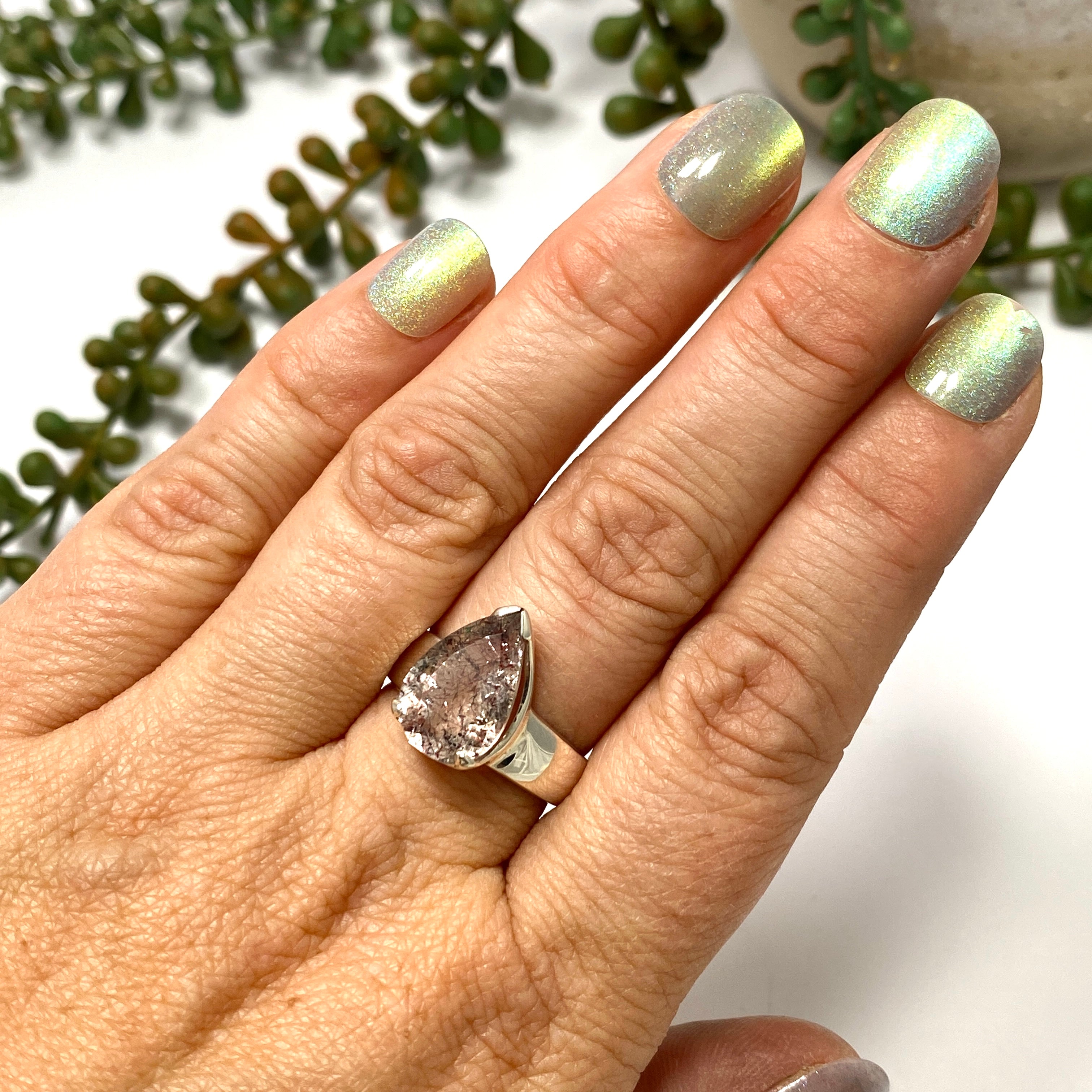 Lepidicrocite in Quartz Teardrop Faceted Ring - Size 8 - Natural Crystal Jewelry - Perfect for Spiritual Healing & Energy Work