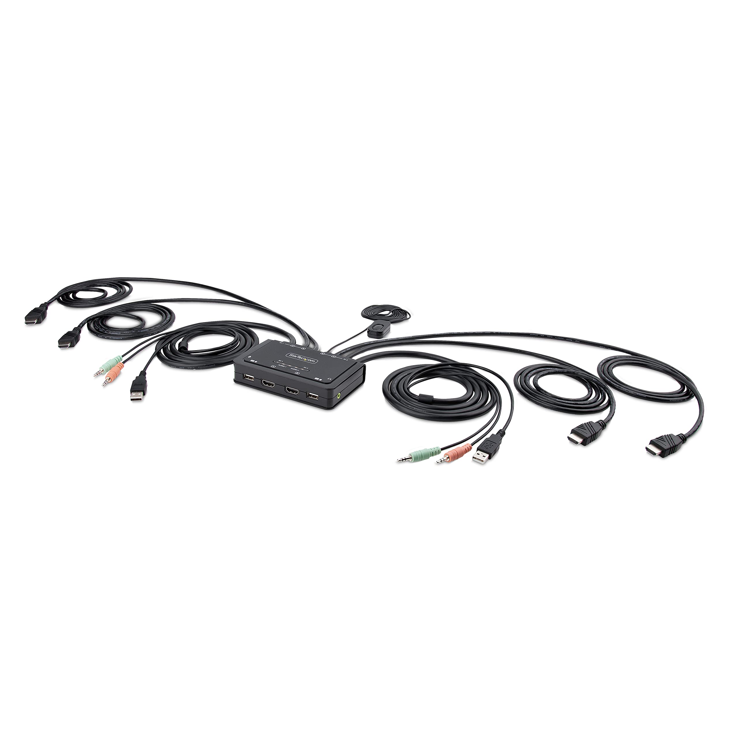StarTech.com 2-Port HDMI KVM Switch for Dual Monitors - 4K 60Hz, Compact USB-Powered KVM with 5ft/1.5m Integrated Cables (HDMI/USB-A/Audio), Hotkey & Remote Switching (C2-DH46-UA2-CBL-KVM) - Perfect for Home Office, Gaming & Multi-Device Workspaces