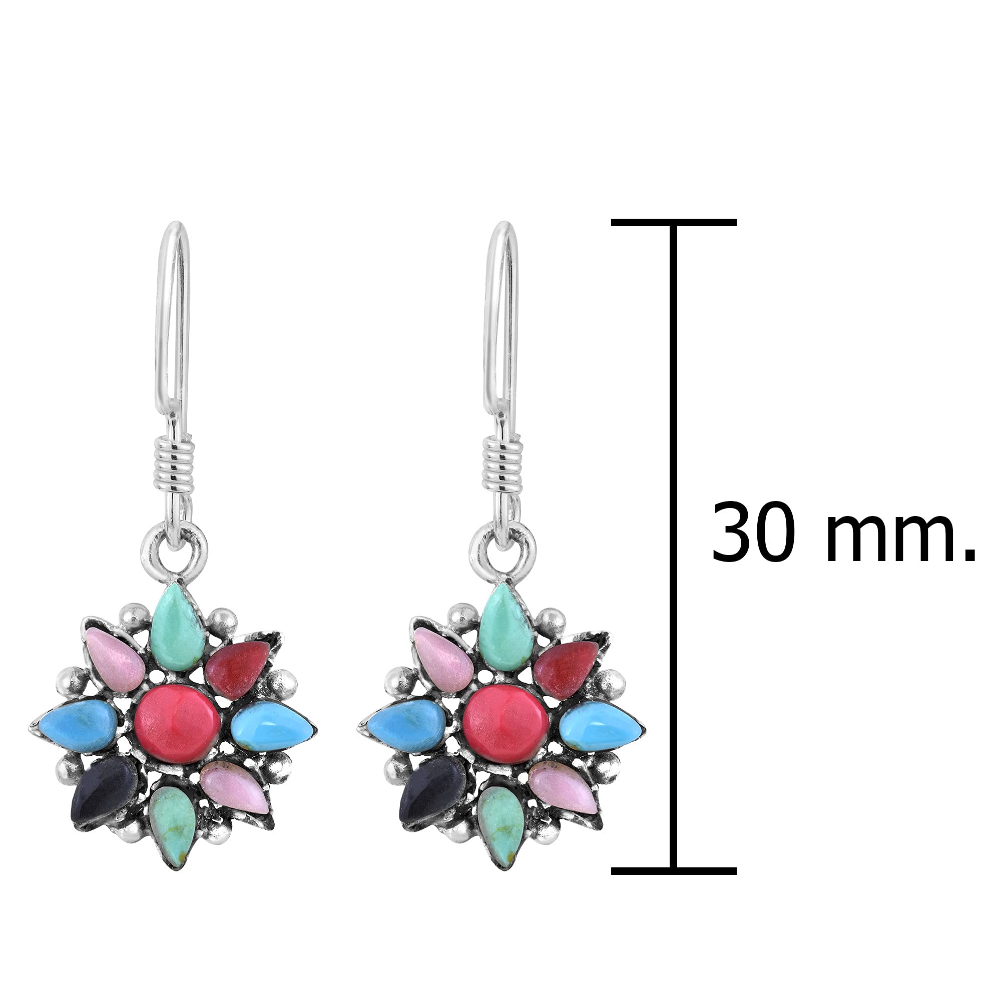 Rainbow Mandala Flower Dangle Earrings for Women - .925 Sterling Silver with Multi-Color Stone Inlay - Boho Chic Jewelry for Festival, Party & Everyday Wear