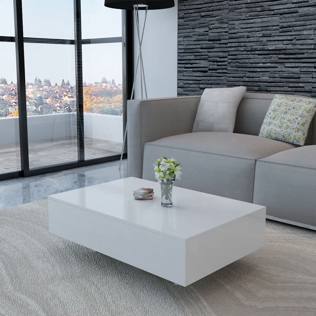 Modern White High Gloss Rectangular Coffee Table - MDF Accent Side End Sofa Cocktail Table for Living Room, Bedroom & Office - 33.5