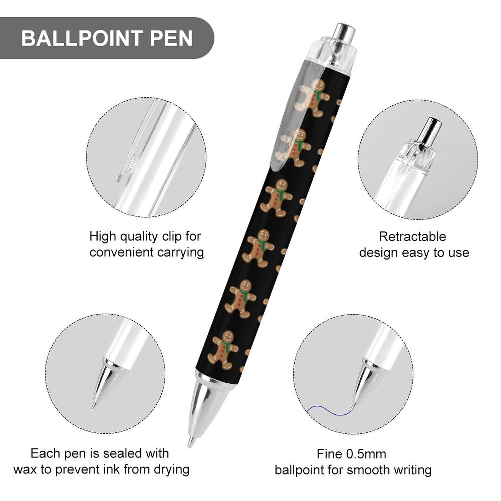 Cute Gingerbread Man Ballpoint Pen - 0.5mm Retractable Fine Point Writing Pen for Office, School & Gift (1 Pack) - Perfect for Christmas Gifts, Work Notes & Holiday Decorations