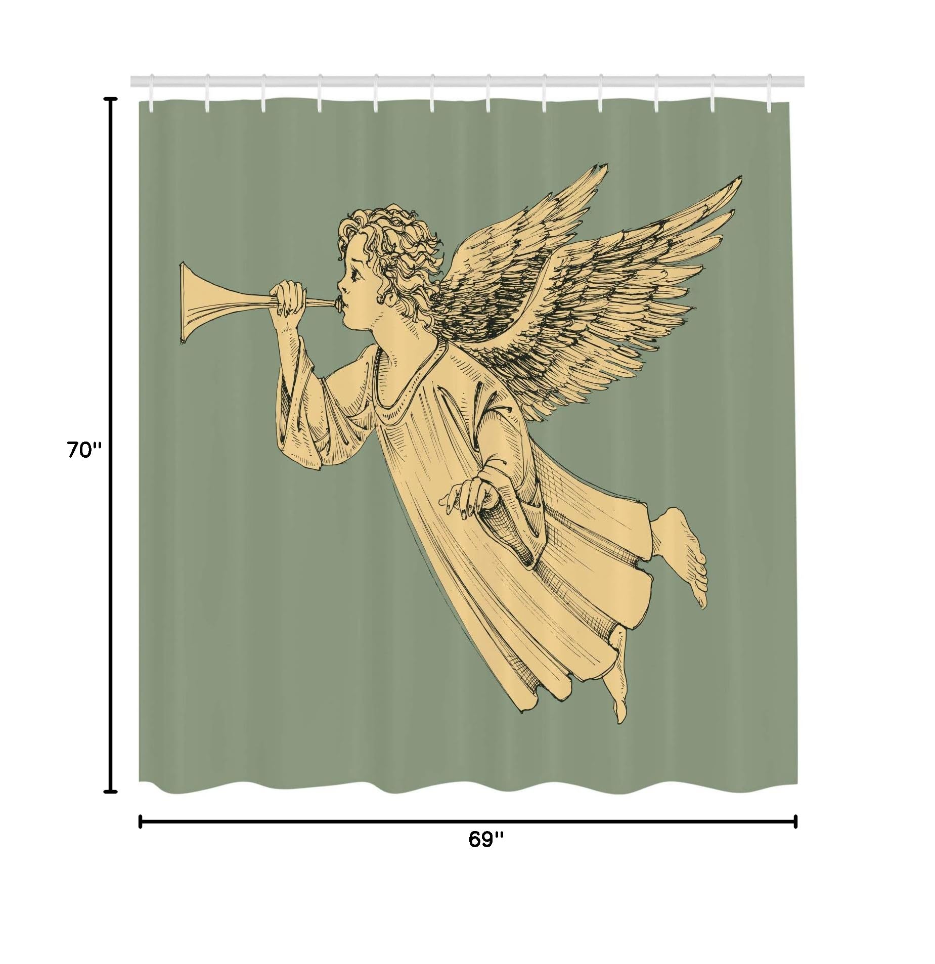 Ambesonne Christmas Shower Curtain - Flying Angel with Trumpet Mythological Art Bathroom Decor, 69x70 Inches, Yellow Mint - Holiday Bathroom Decor for Christmas, Gift Idea