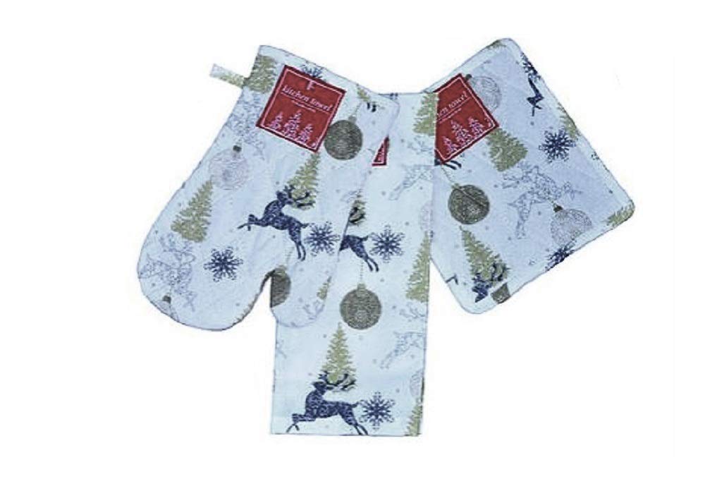 Golden Holiday Reindeer 3-Piece Kitchen Set - 100% Cotton Pot Holder, Oven Mitt & Towel for Christmas Baking and Festive Decor