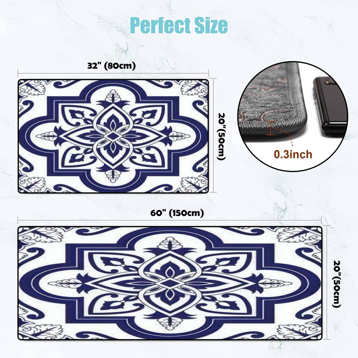 Delft Dutch Tile Kitchen Rugs Set - Non-Slip Washable Floor Mats for Kitchen & Bath Decor