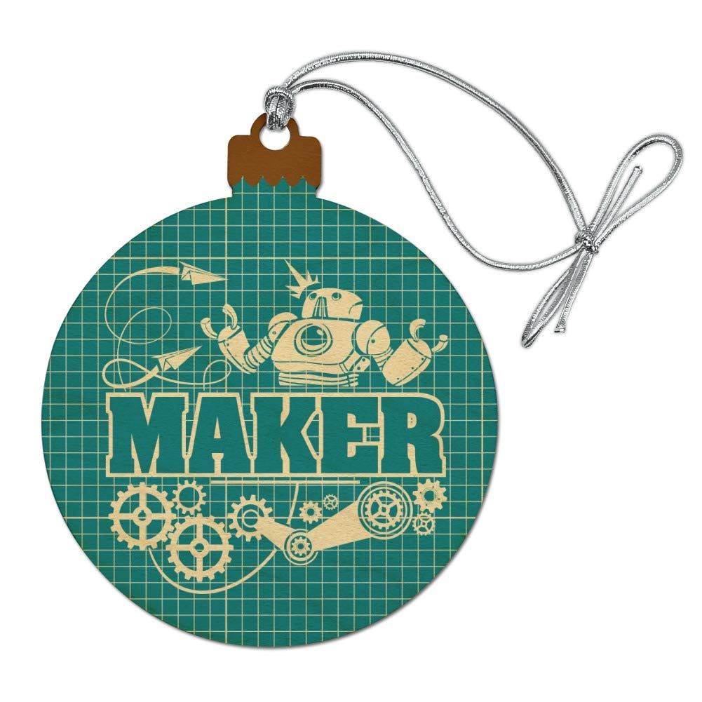 Robot and Gears Wooden Christmas Tree Ornament - Blueprint Design Holiday Decoration for Xmas Tree | Perfect for Festive Home Decor, DIY Crafts & Unique Gift Giving