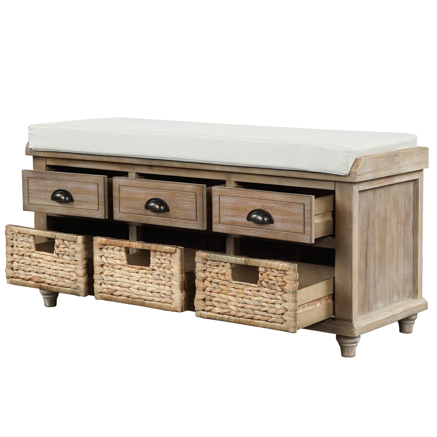 HABITRIO White Washed Wooden Storage Bench with Removable Cushion - 3 Drawers & 3 Baskets, Multi-Functional Shoe Bench for Entryway, Living Room, Bedroom, Hallway - Perfect for Organizing Shoes, Blankets & Home Decor