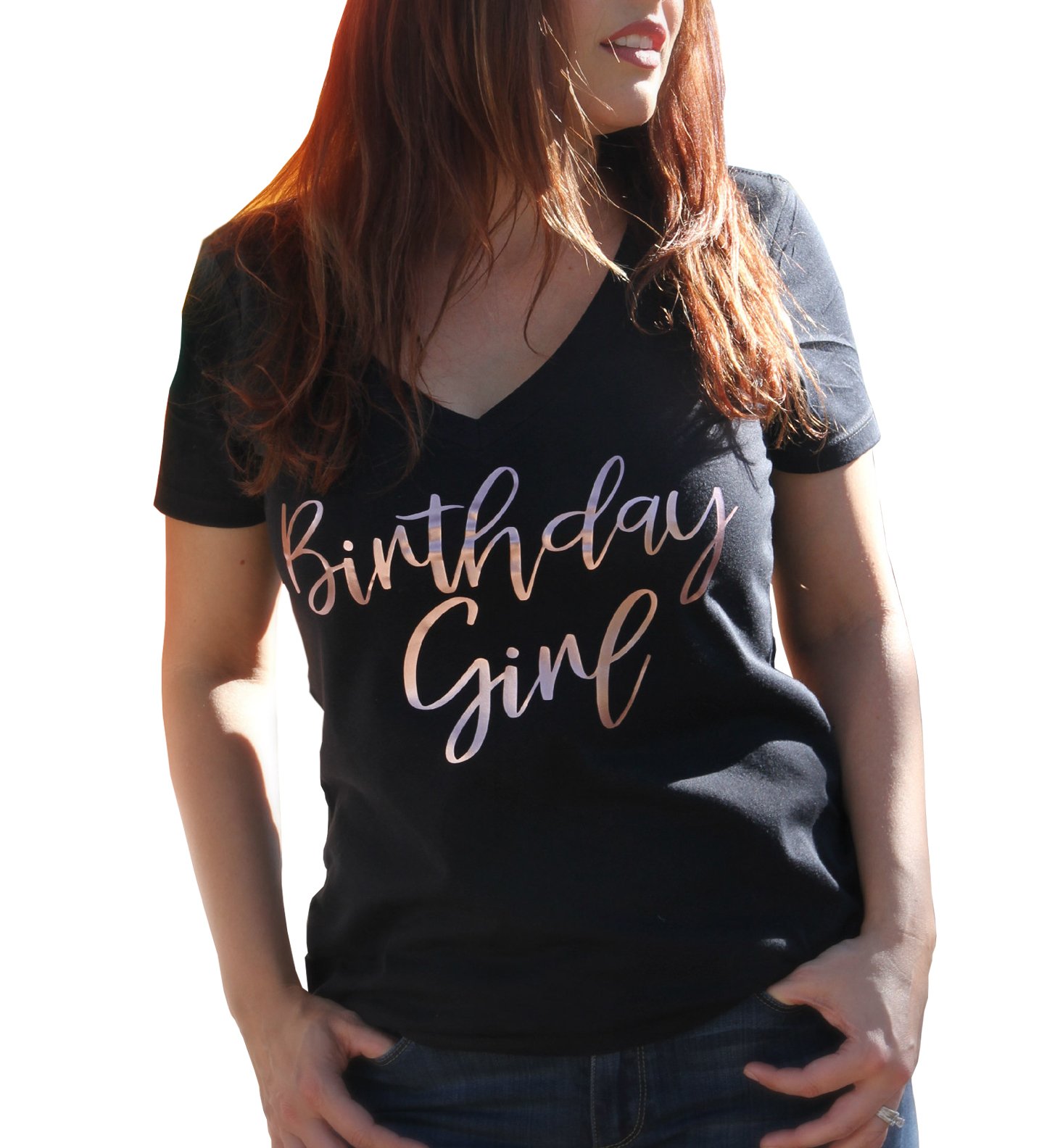 Birthday Girl T-Shirt for Women - Rose Gold Metallic Print V-Neck Tee - Perfect for Birthday Parties & Celebrations