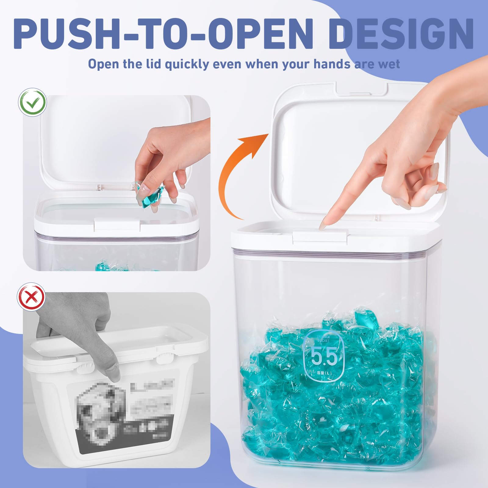 5.5L Large Capacity Laundry Detergent Storage Container with Pop-Up Lid - Airtight Powder Holder for Laundry Pods, Dishwasher Pods & Dry Food (Rice, Flour) - Includes Scoop & Measuring Cup - Perfect for Laundry Room & Kitchen Organization