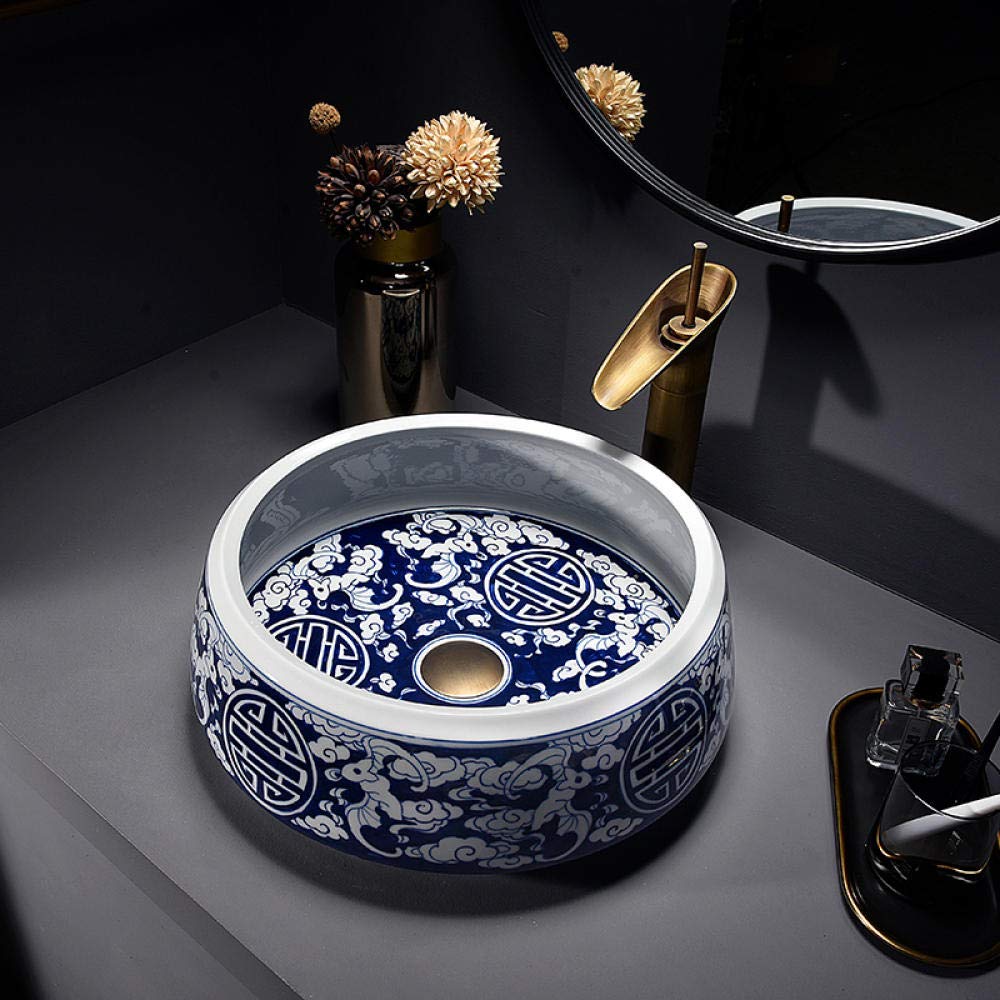 LEFEDA Blue and White Ceramic Vessel Sink - Antique Porcelain Bathroom Countertop Basin with Overflow - Modern Above Counter Wash Basin for Powder Room, Guest Bath & Vanity Set (Blue and White)