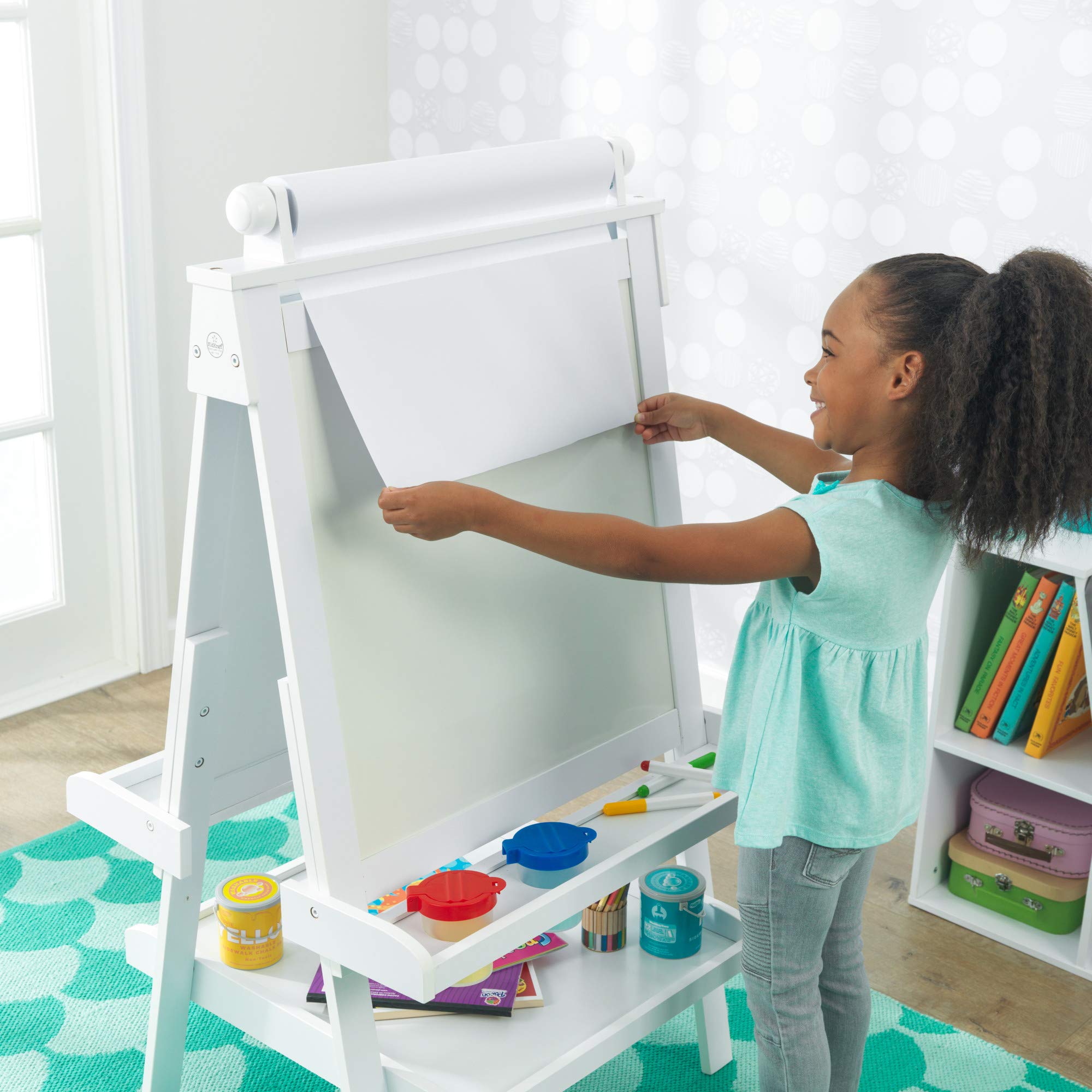 KidKraft Deluxe Wooden Art Easel with Chalkboard & Dry Erase Board, Paper Roll & Paint Cups - White Kids Art Station for Ages 3+ | Perfect for Home, Classroom & Creative Play
