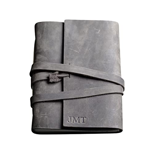 Ox & Pine Personalized Wrapped Leather Journal - Premium Full Grain Leather Refillable Notebook with 4 Kraft Paper Inserts - Rustic Gray 6x8 Unlined - Perfect for Travel, Writing & Gift Giving