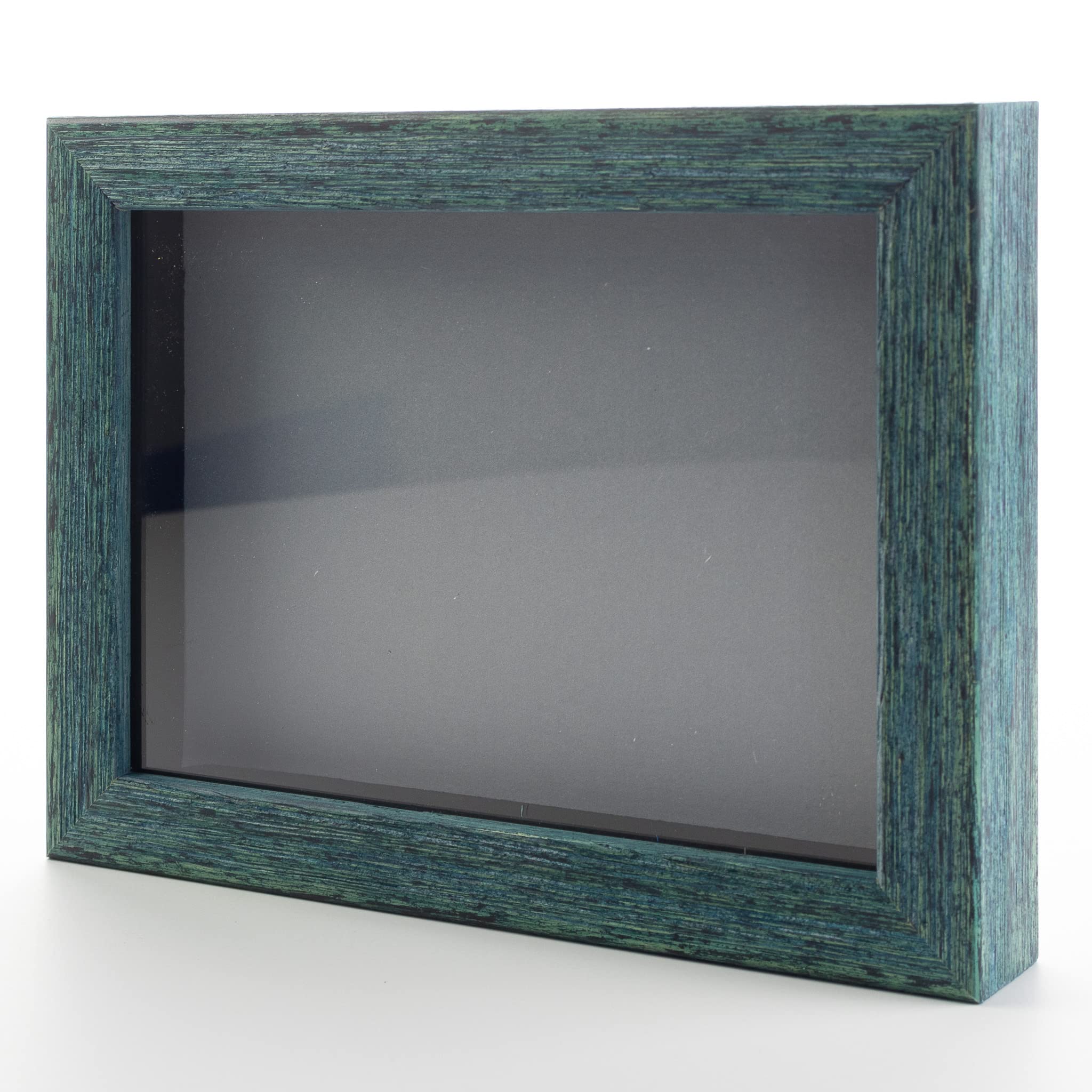 Rustic Blue 4x4 Inch Small Shadow Box Picture Frame - Wooden Display Case with Grey Acid-Free Backing, UV Protective Acrylic & Hanging Hardware - 3/4