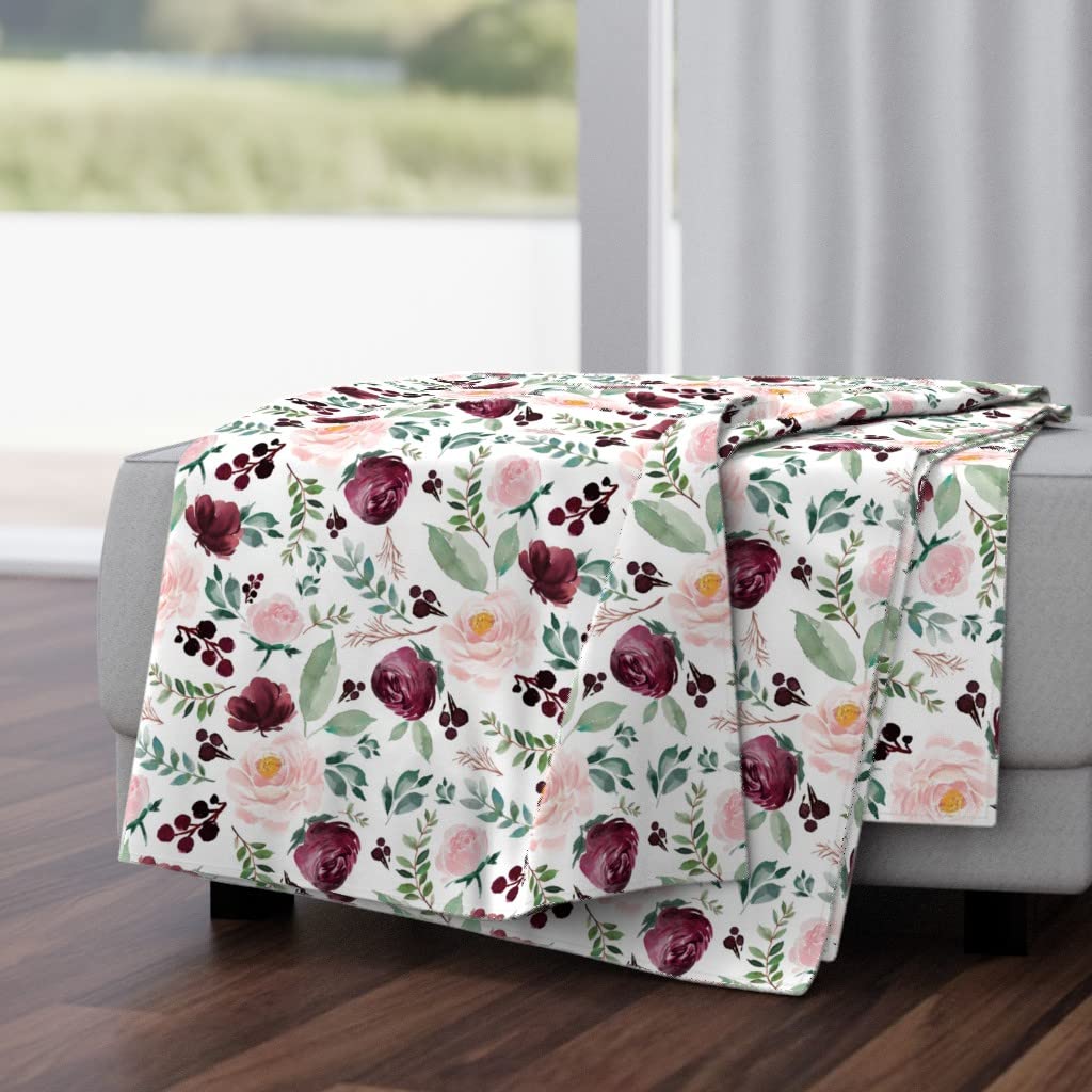 Soft Plush Minky Throw Blanket 50x70 Inches - Wild Heart Floral Boho Print in White Burgundy Pink for Nursery, Living Room & Autumn Decor | Cozy Gift for Women & Home