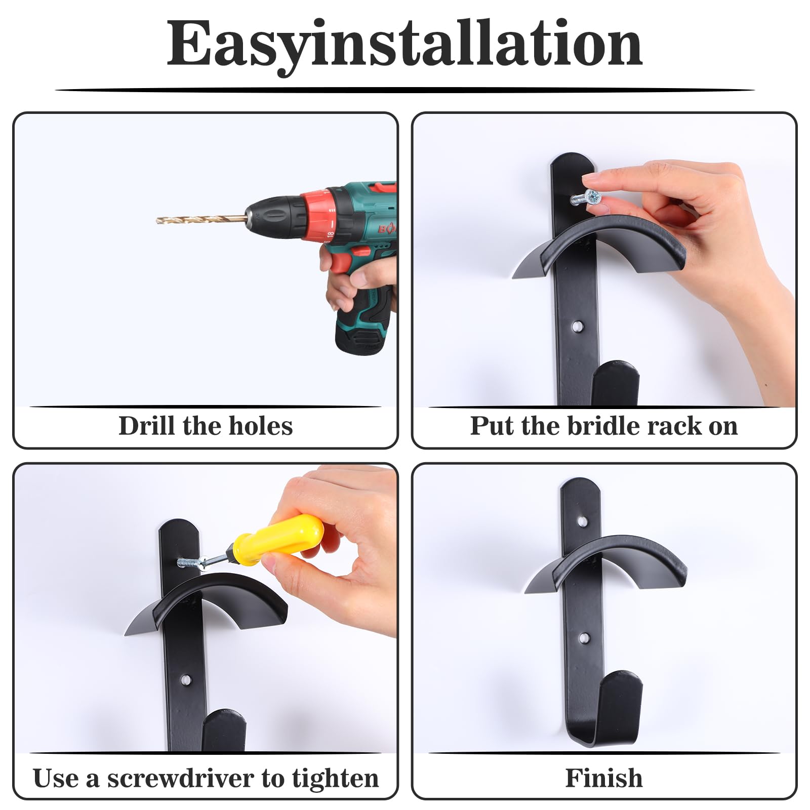 4PCS Heavy Duty Metal Horse Bridle Hooks - Wall Mount Tack Rack with 8 Screws - Black Stable Organization for Barn, Trailer & Stall - Perfect for Horse Tack Room Storage & Bridle Organization