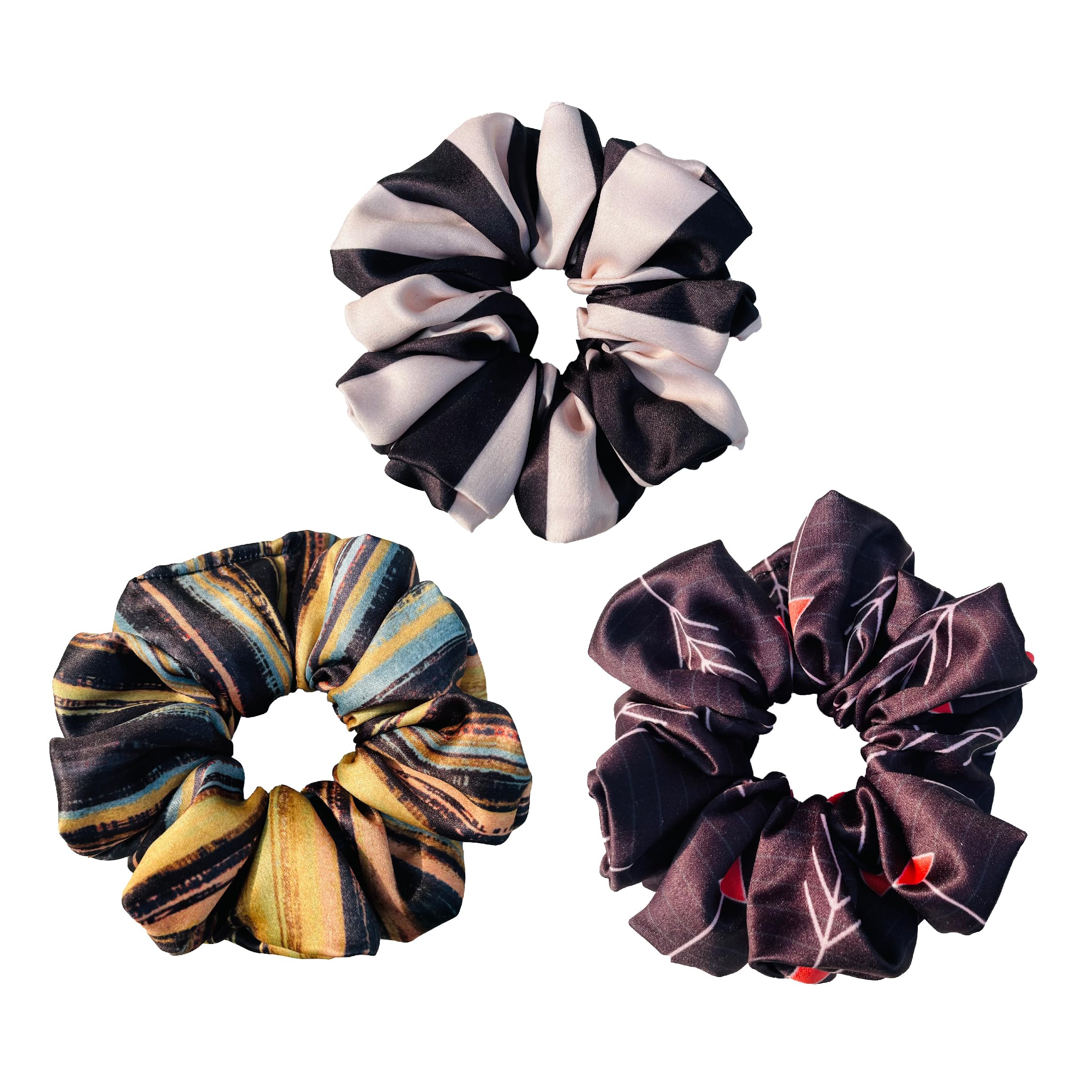 Luxury Satin Scrunchies for Women - Soft Hair Bands Set with Printed Designs & Organizer Bag (3-Pack) - Perfect for Everyday Use, Work, Gym, and Travel