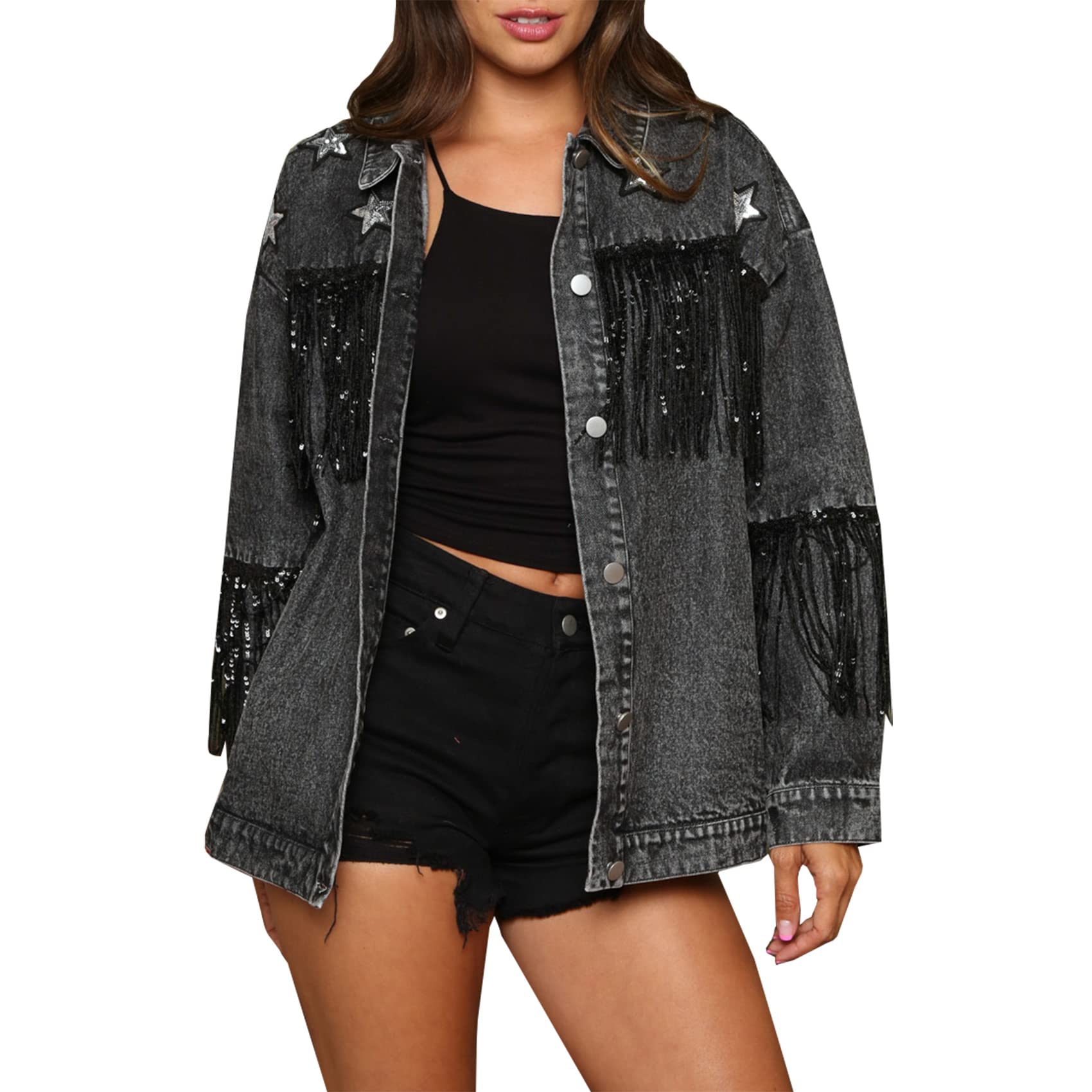 Women's Oversized Boyfriend Denim Jacket - Long Sleeve Distressed Fringe Jean Coat for Casual Outfits & Streetwear Fashion | Perfect for Layering, Fall Outfits, and Weekend Brunch Looks