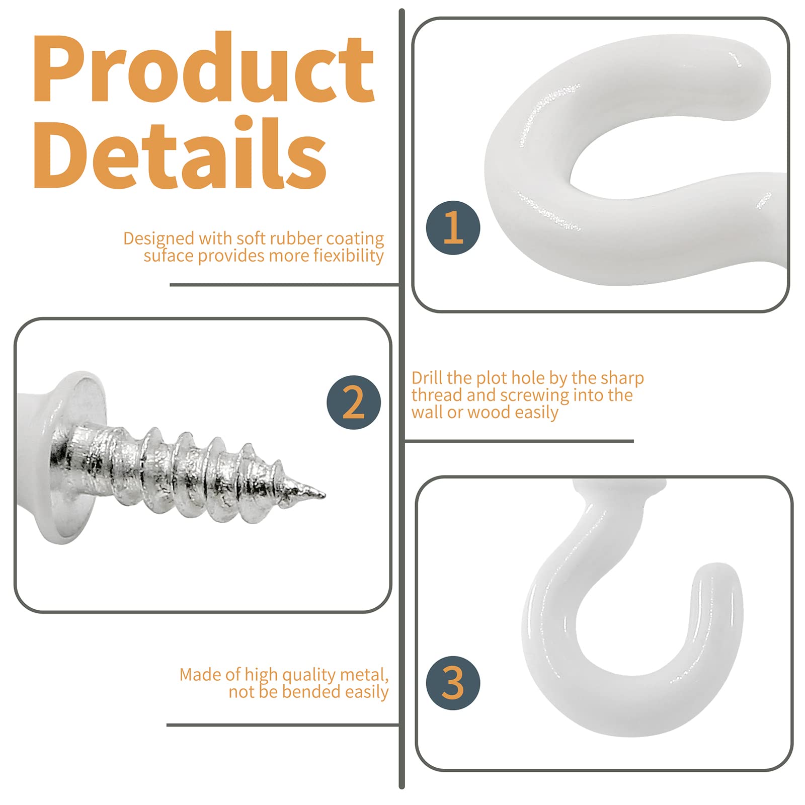 100Pcs White Vinyl Coated Cup Hooks - 1/2 Inch Metal Screw-in Ceiling Hooks for Hanging Plants, Mugs, Kitchen Utensils & Home Organization