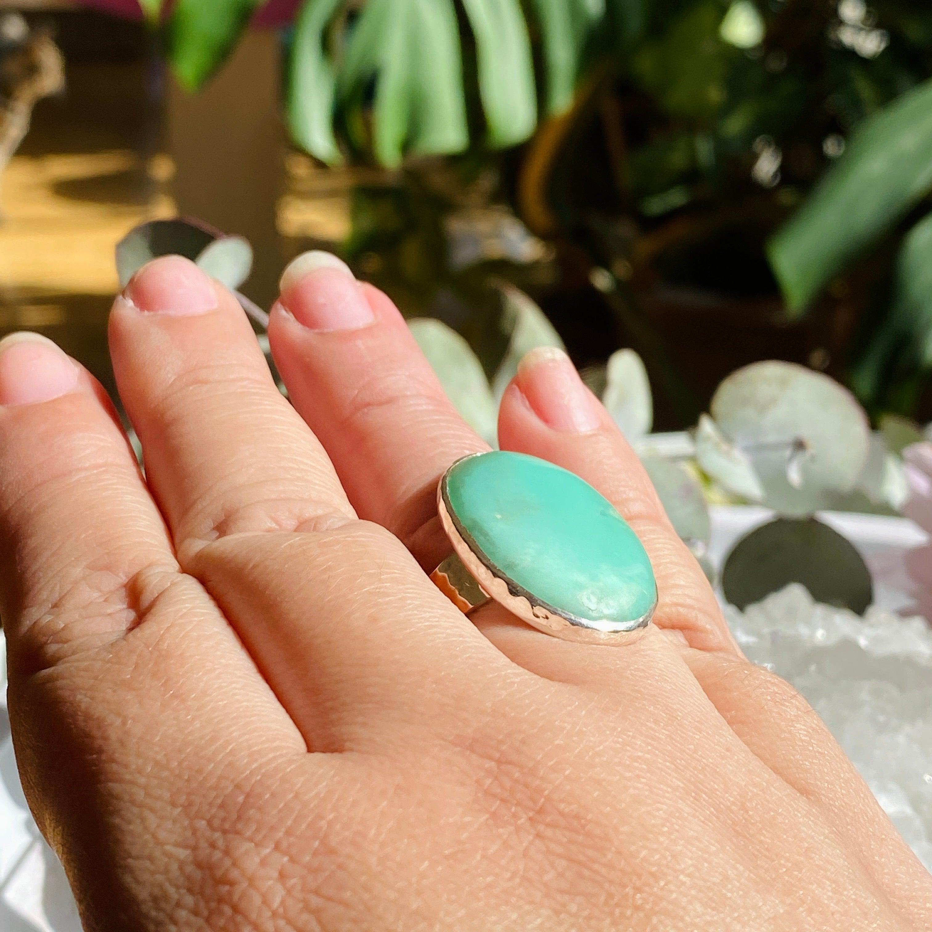Chrysoprase Oval Beaten Band Ring - Size 10 - KRGJ2137 - Handmade Bohemian Jewelry for Women - Perfect for Boho Chic Outfits & Special Occasions