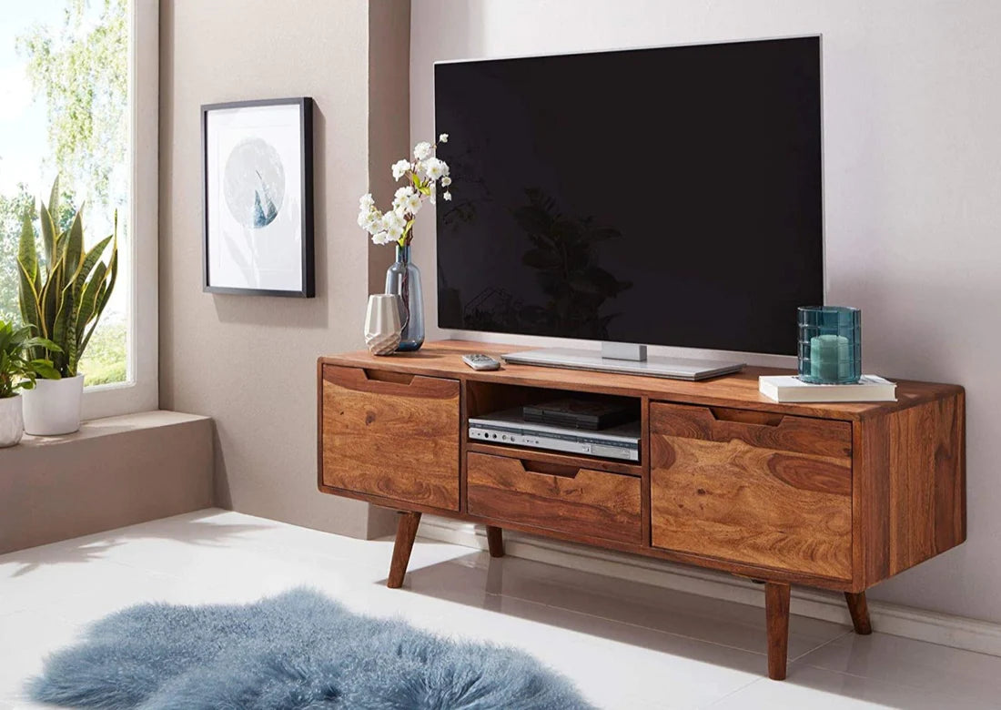 Gfine Solid Sheesham Wood TV Stand with 2 Doors & 1 Drawer - 147x45x50cm Media Console for Living Room, Bedroom & Home Theater