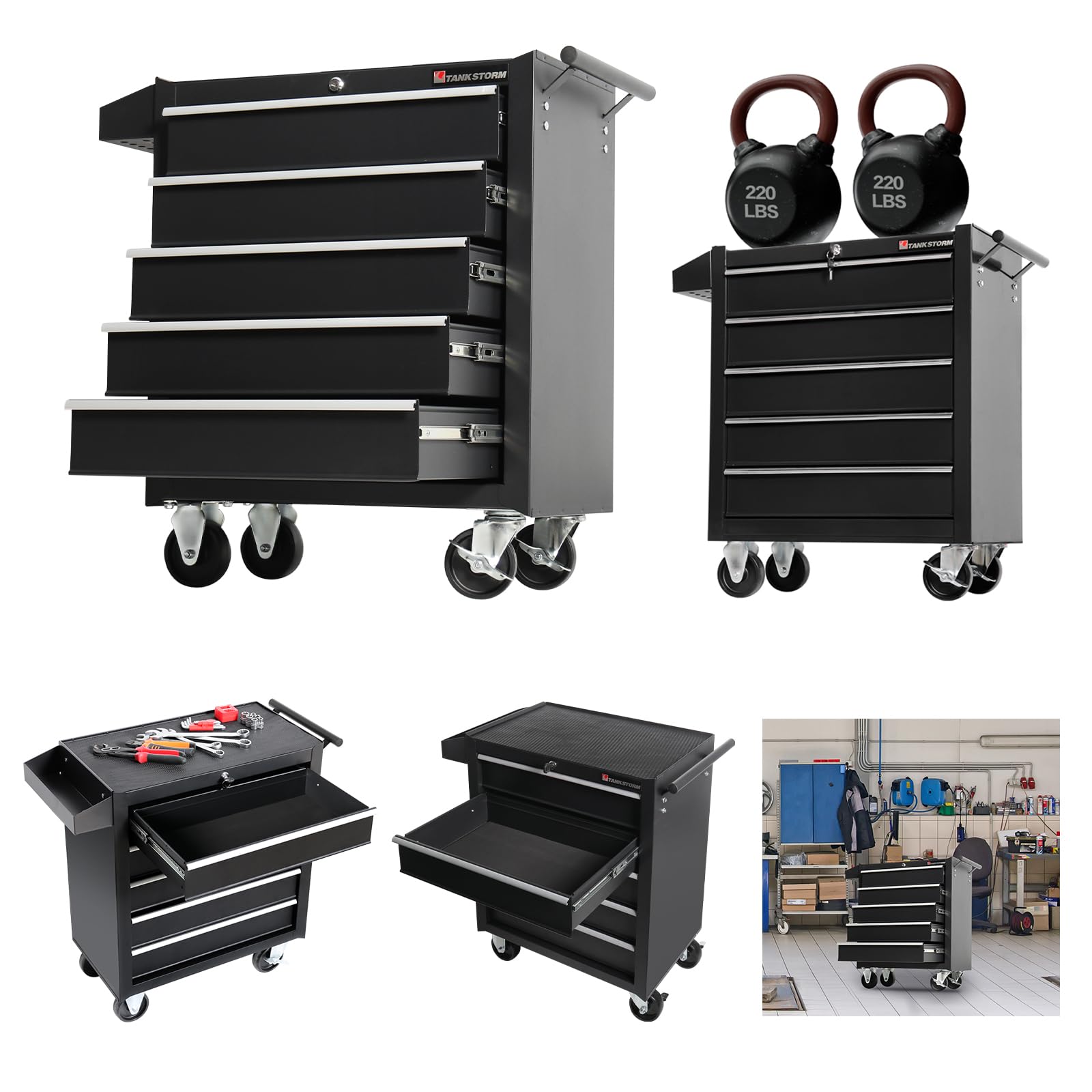 Heavy Duty 5-Drawer Steel Rolling Tool Chest Cart with Lockable Drawers - TZ35-BK Tool Box for Garage, Workshop & Professional Mechanics