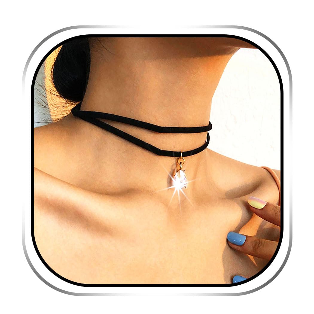 GRAEEN Black Velvet Choker Necklace with Pink Gem Pendant - Elegant Layered Crystal Choker for Women | Perfect for Christmas, Parties & Date Nights
