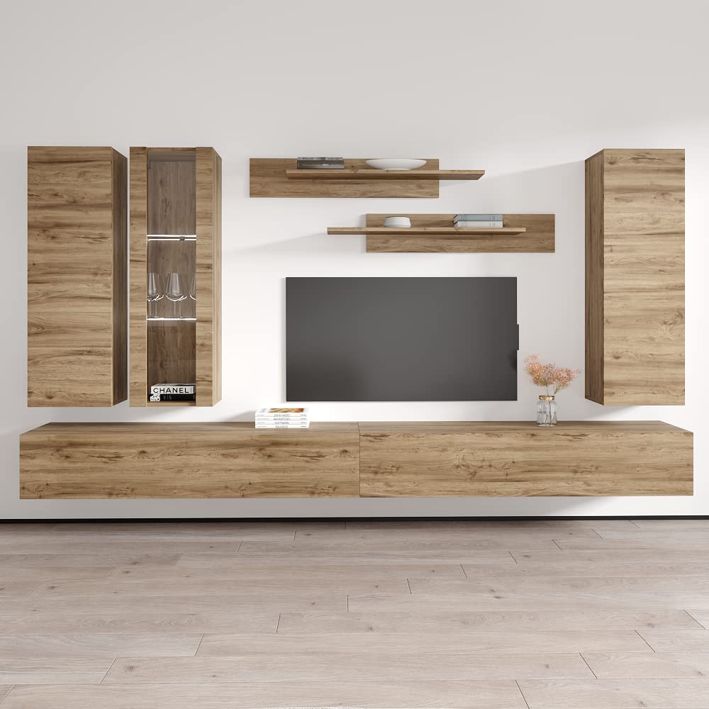 Modern Floating TV Stand with Storage & LED Lights - Wall-Mounted Entertainment Center Console for Bedroom & Living Room - Oak Wood TV Cabinet with Shelves - Perfect for Small Spaces & Home Theater Setup