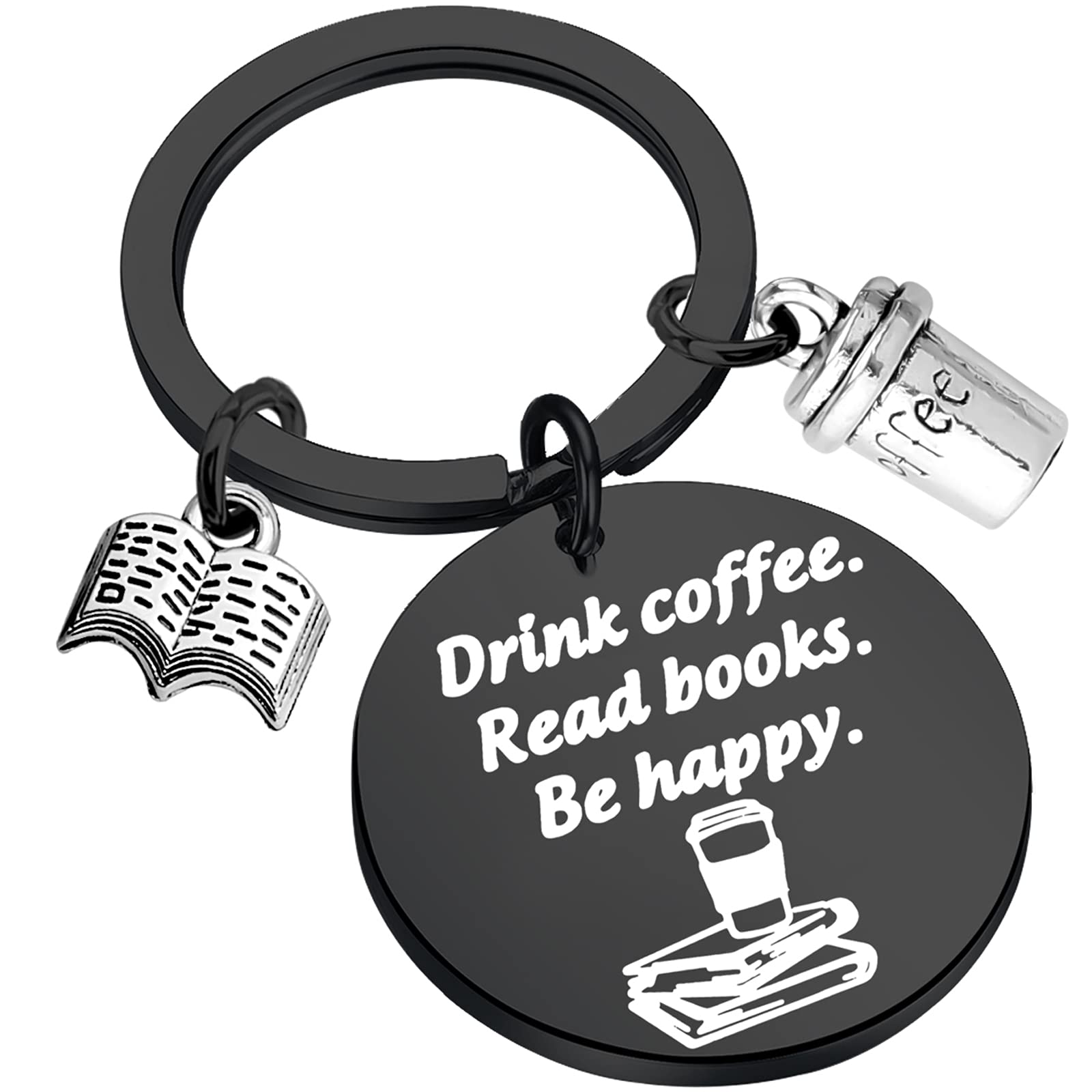 BEKECH Book & Coffee Lovers Gift - Inspirational 'Drink Coffee Read Books Be Happy' Keychain - Perfect for Readers, Writers & Bibliophiles