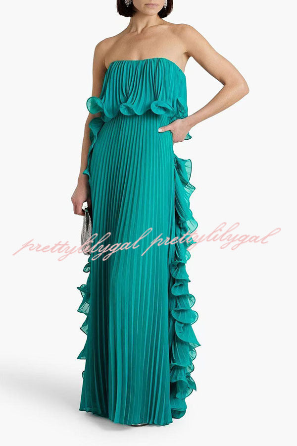 Reina Chiffon Pleated Wavy Ruffles Trim Strapless Loose Maxi Dress - Elegant Summer Beach Wedding Party Gown for Women