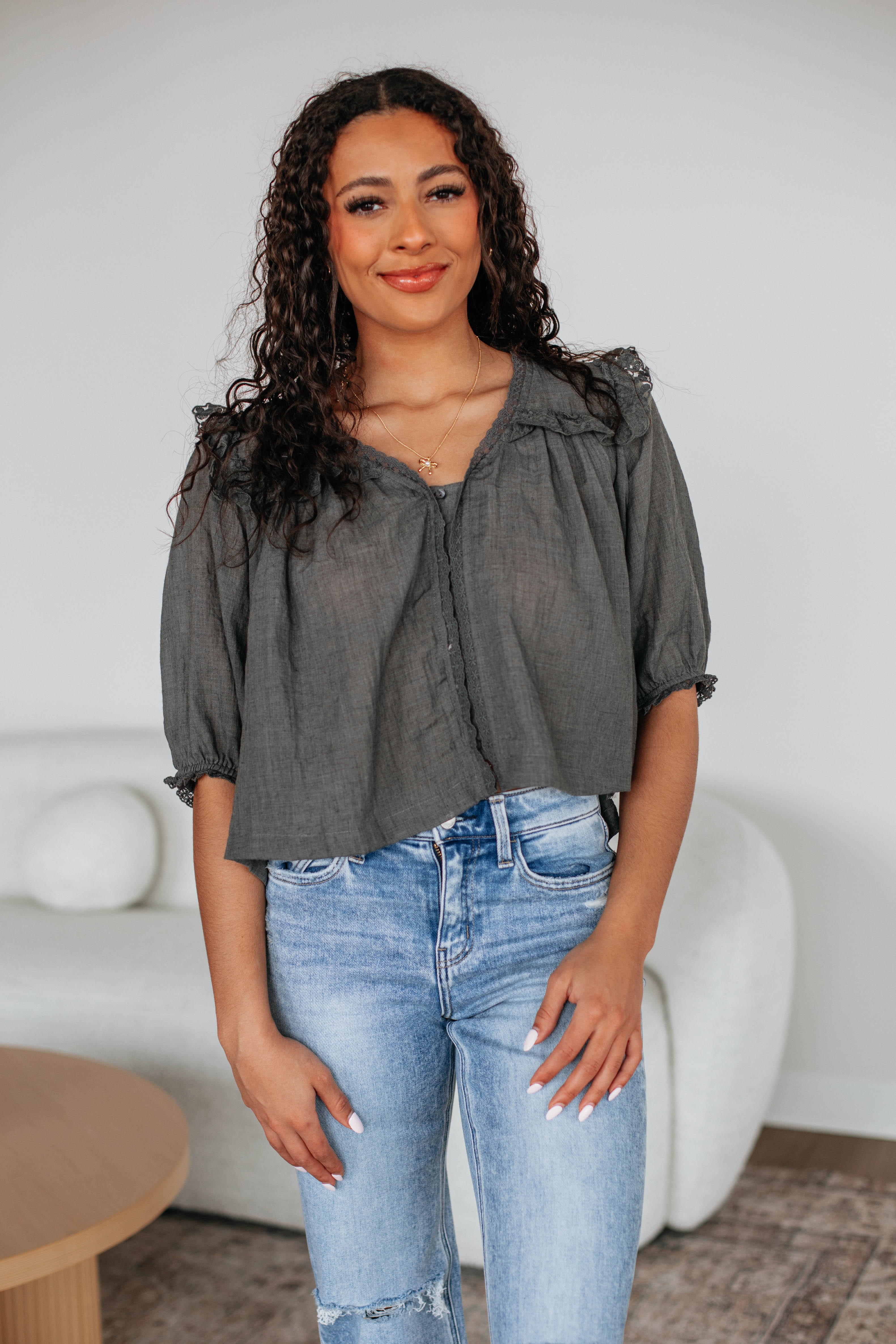 Odilia Lace Blouse Women's Elegant Long Sleeve Tops - Charcoal Gray for Office Work & Special Occasions