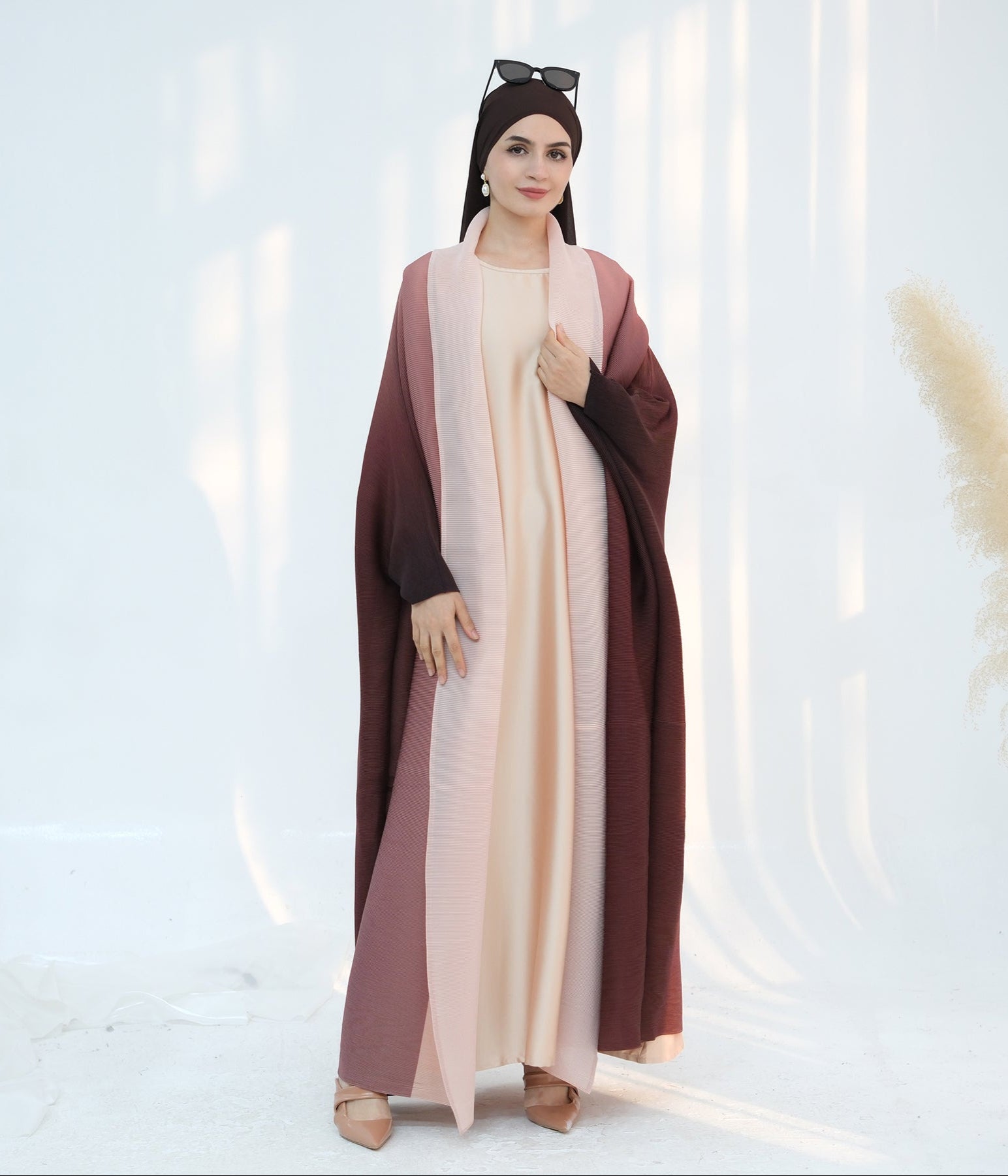 Elegant Kenyat Pleated Ombre Kimono Open Abaya in Brick Color - Perfect for Modest Fashion, Prayer Dresses, and Special Occasions