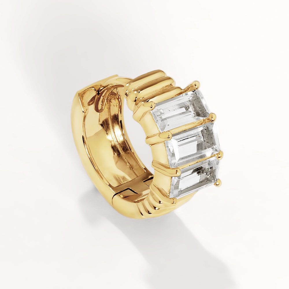 White Topaz Baguette Textured Gold Huggie Earrings for Women - Elegant Everyday Jewelry for Work, Date Night & Special Occasions