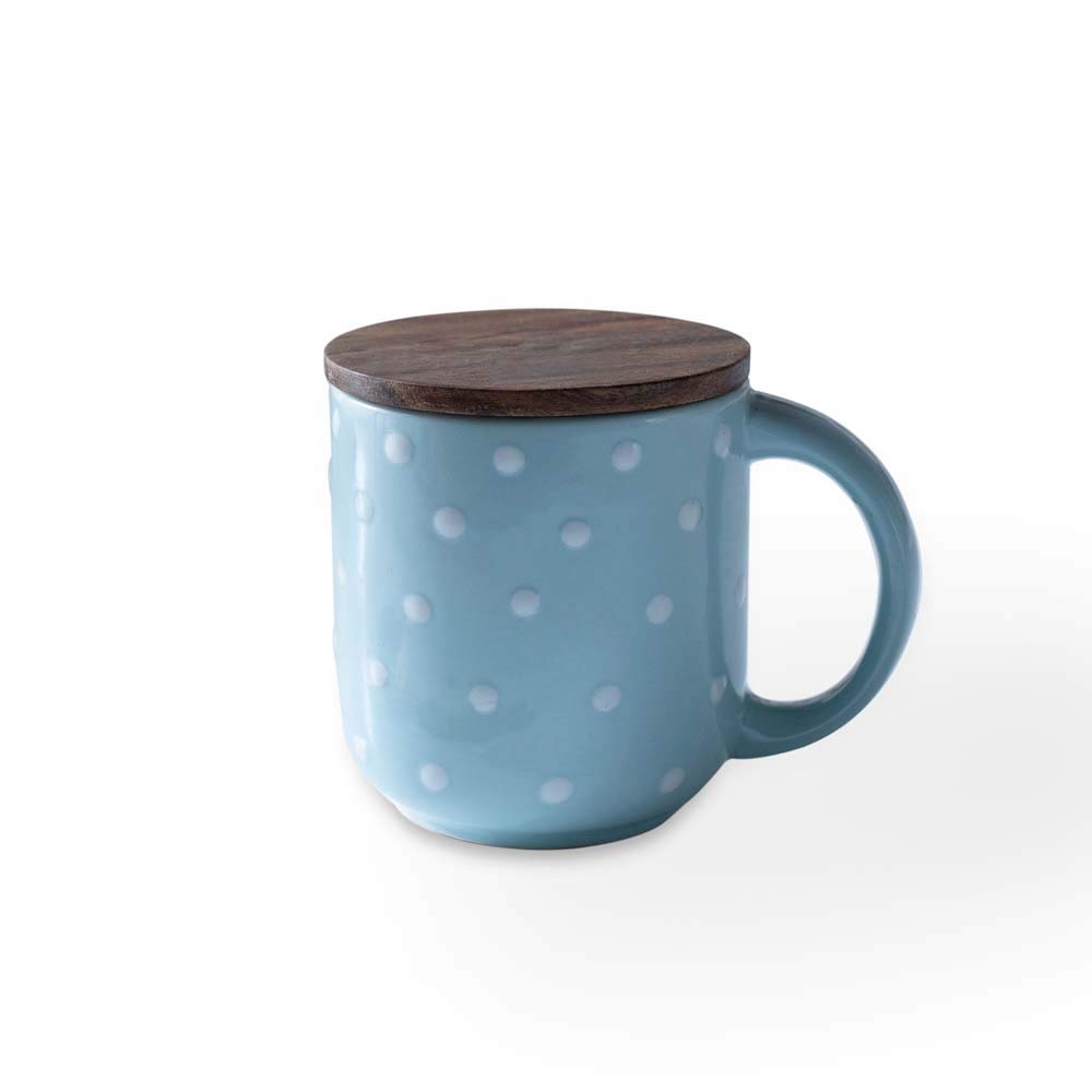 Ellementry 250ml Ceramic Coffee Mug with Wooden Lid - Stylish Polka Dot Design for Tea, Milk & Hot Drinks, Dishwasher Safe - Perfect for Office, Home & Birthday Gifts (Great for Morning Coffee, Afternoon Tea & Cozy Home Use)