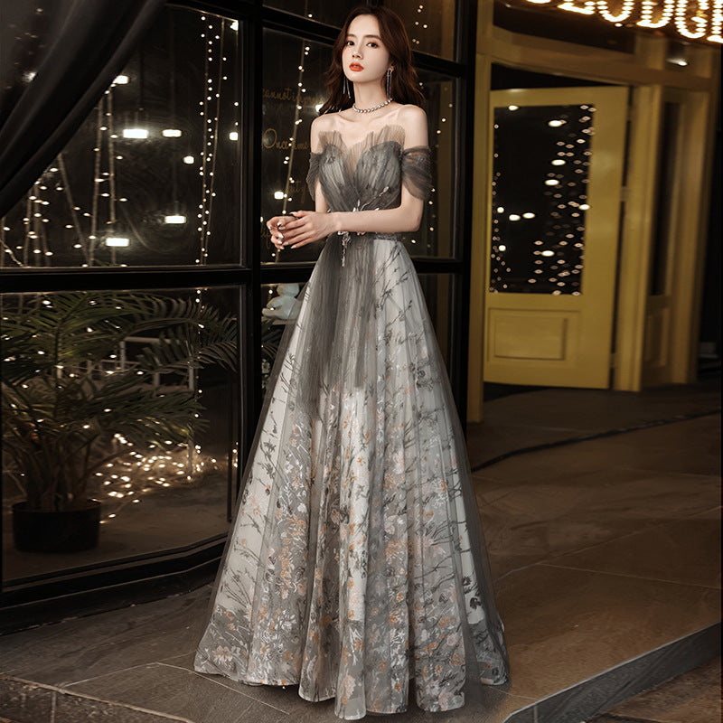Elegant Off Shoulder Tulle Prom Dress - A-Line Gray Formal Evening Gown for Homecoming, Wedding & Special Occasions | Style 679
