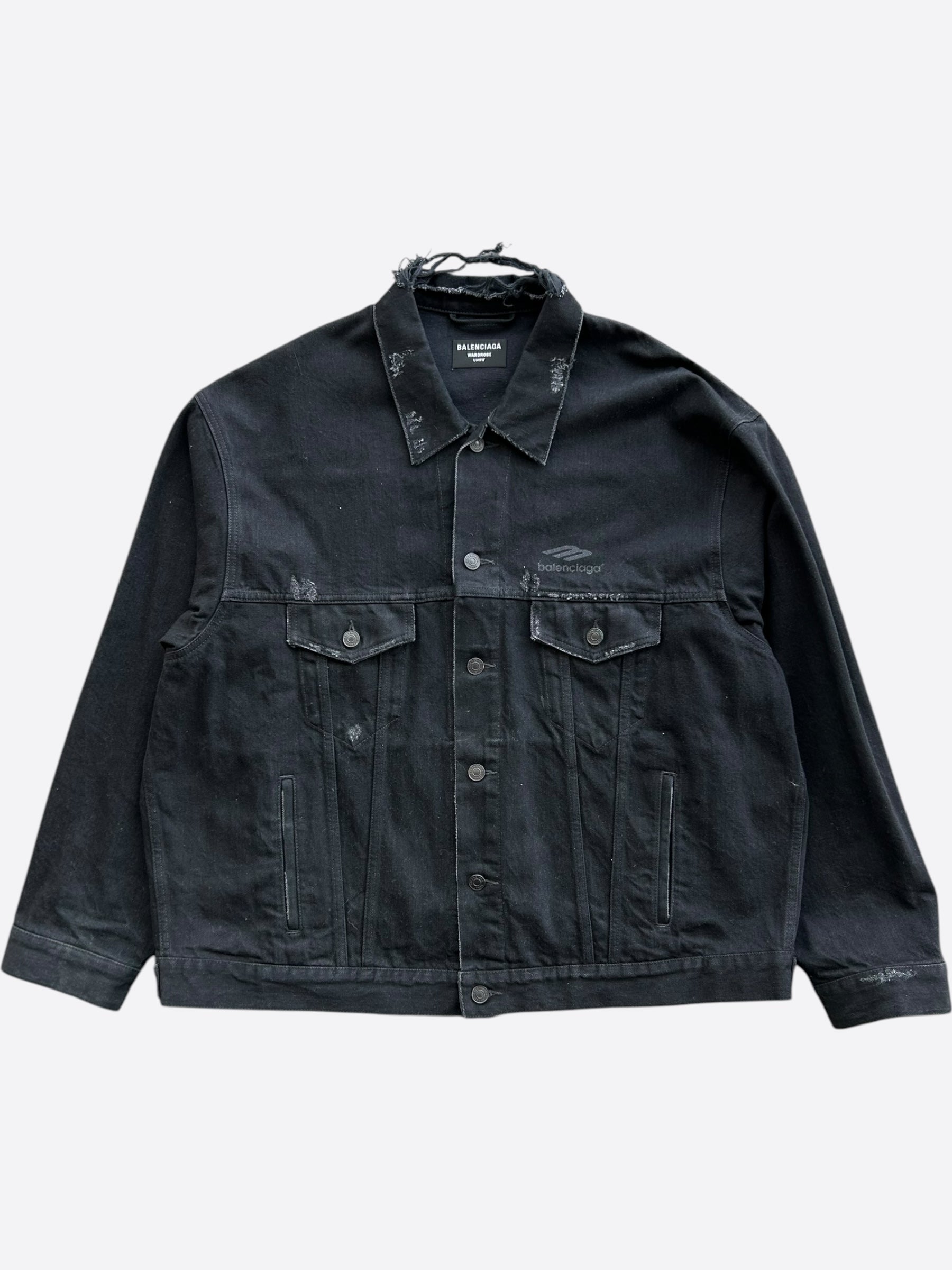 Balenciaga Black BB Logo Distressed Denim Jacket for Men & Women | Vintage Washed Denim Coat | Streetwear Fashion for Urban Outfits & Night Out Looks