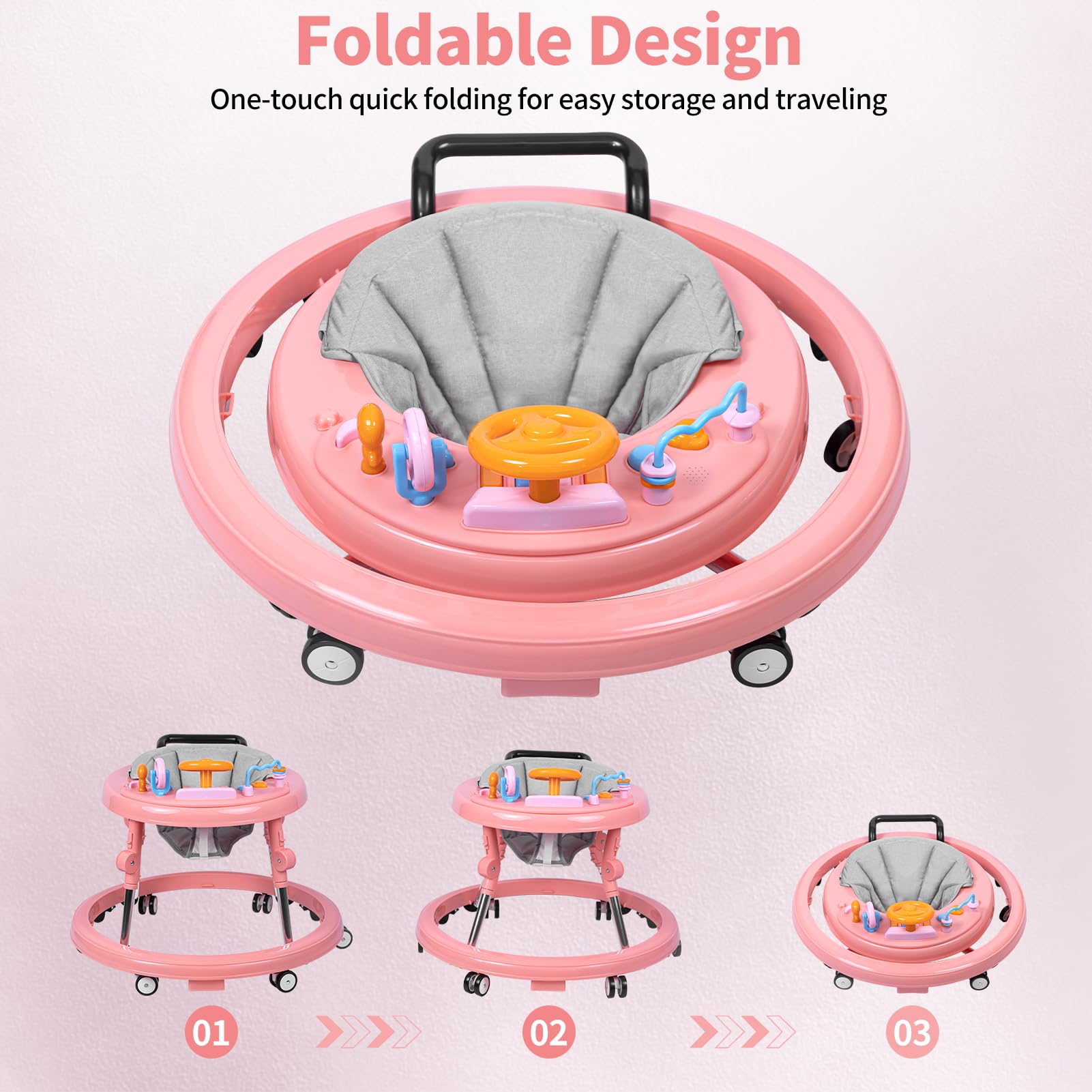 Foldable 9-Speed Adjustable Baby Walker with Wheels & Music - Anti-Fall Infant Activity Center with Foot Pads for Boys & Girls 6-24 Months | Perfect for Learning to Walk & Indoor Playtime