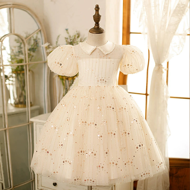 White Princess Collar Tea-Length Tulle Flower Girl Dress for Weddings & Special Occasions
