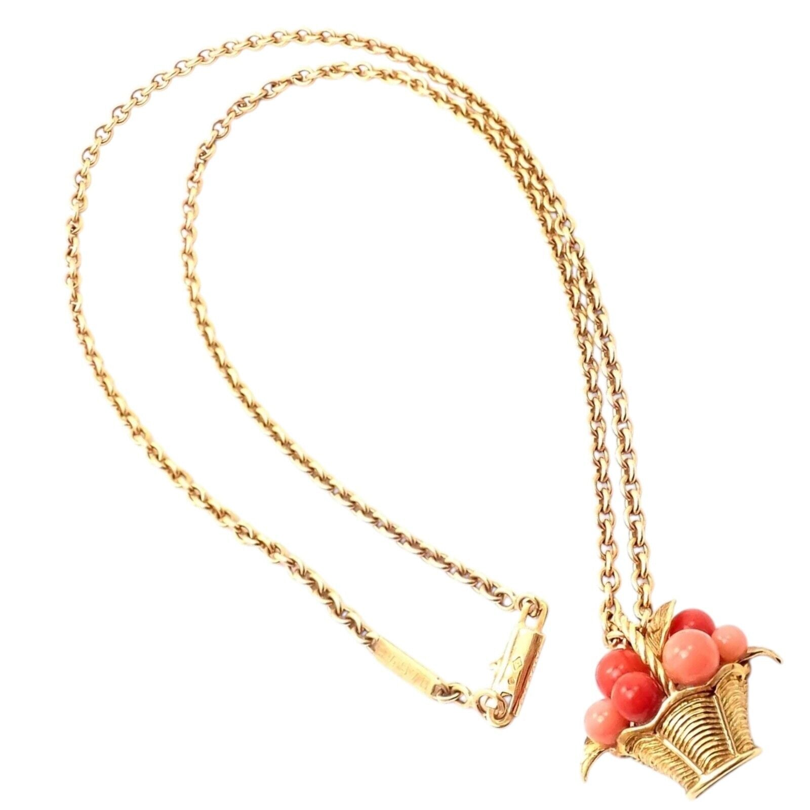 Authentic Van Cleef & Arpels 18k Gold Coral Bead Fruit Basket Pendant Necklace - Luxury Jewelry Gift for Women, Perfect for Weddings, Anniversaries & Special Occasions
