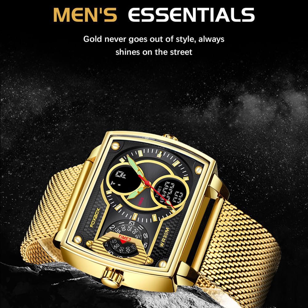 Luxury Men's Square Dial Digital Analog Quartz Wristwatch - Waterproof Luminous Dual Display Business Watch for Boys & Men | Perfect for Office, Formal Events & Everyday Wear