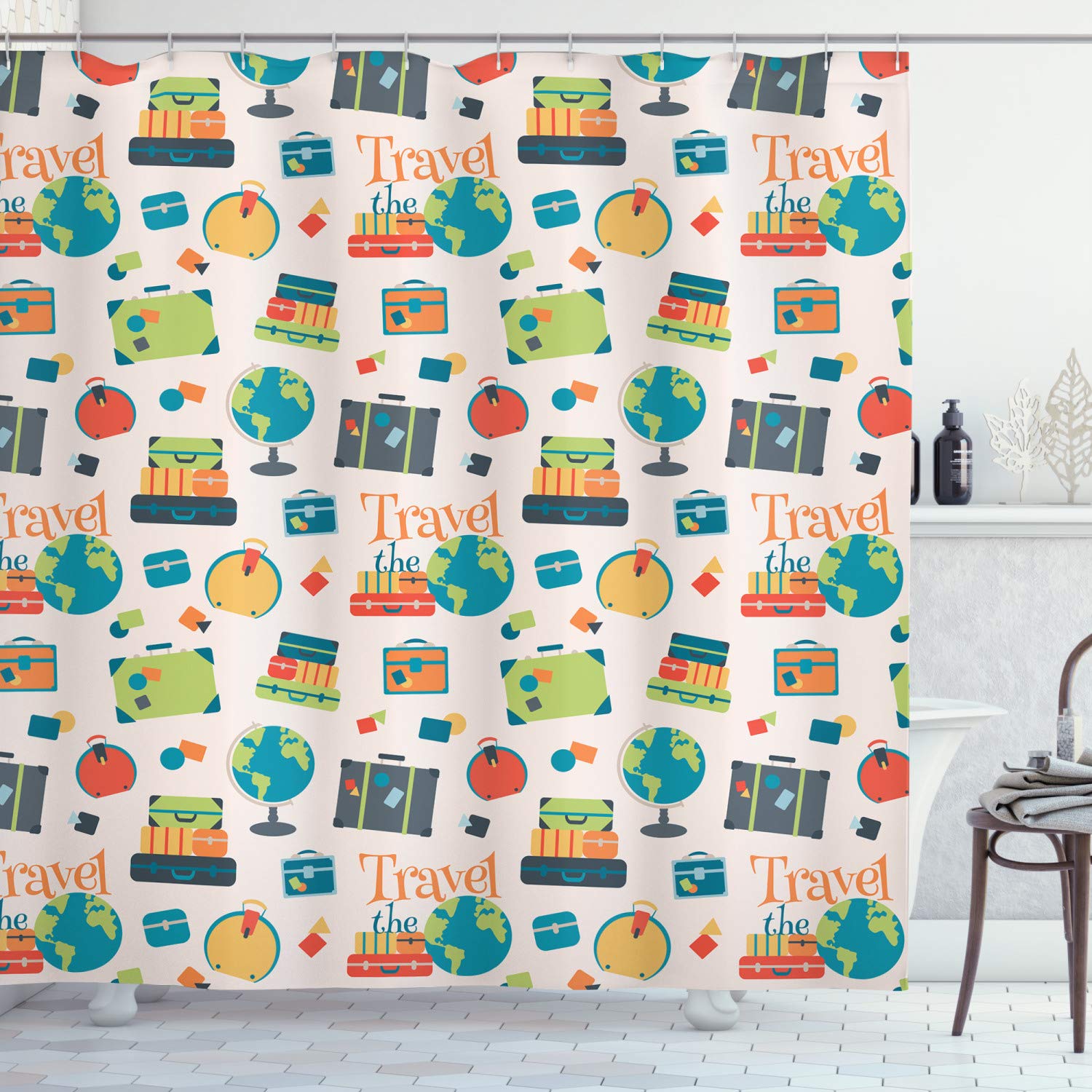 Ambesonne Travel The World Shower Curtain - Colorful Suitcases & Globe Design, 69x75 Inch Fabric Bathroom Decor with Hooks | Perfect for Wanderlust Bathrooms, Travel Theme Decor & Gift Ideas for Adventurers