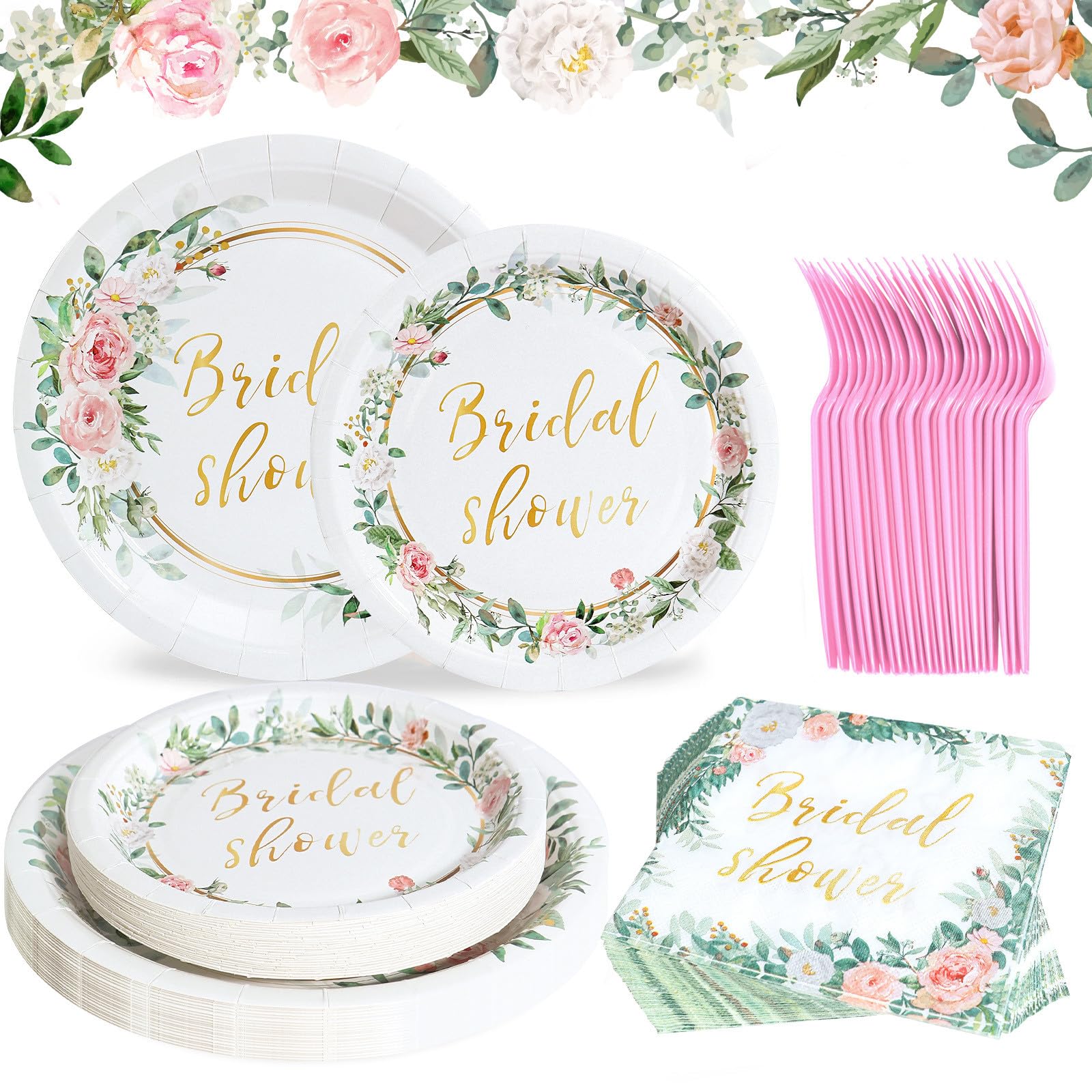 Elegant Pink & Gold Floral Bridal Shower Tableware Set - 24-Piece Disposable Plates, Dessert Plates, Napkins & Forks for Bachelorette Party Decorations | Perfect for Wedding Showers, Engagement Parties & Bridal Celebrations
