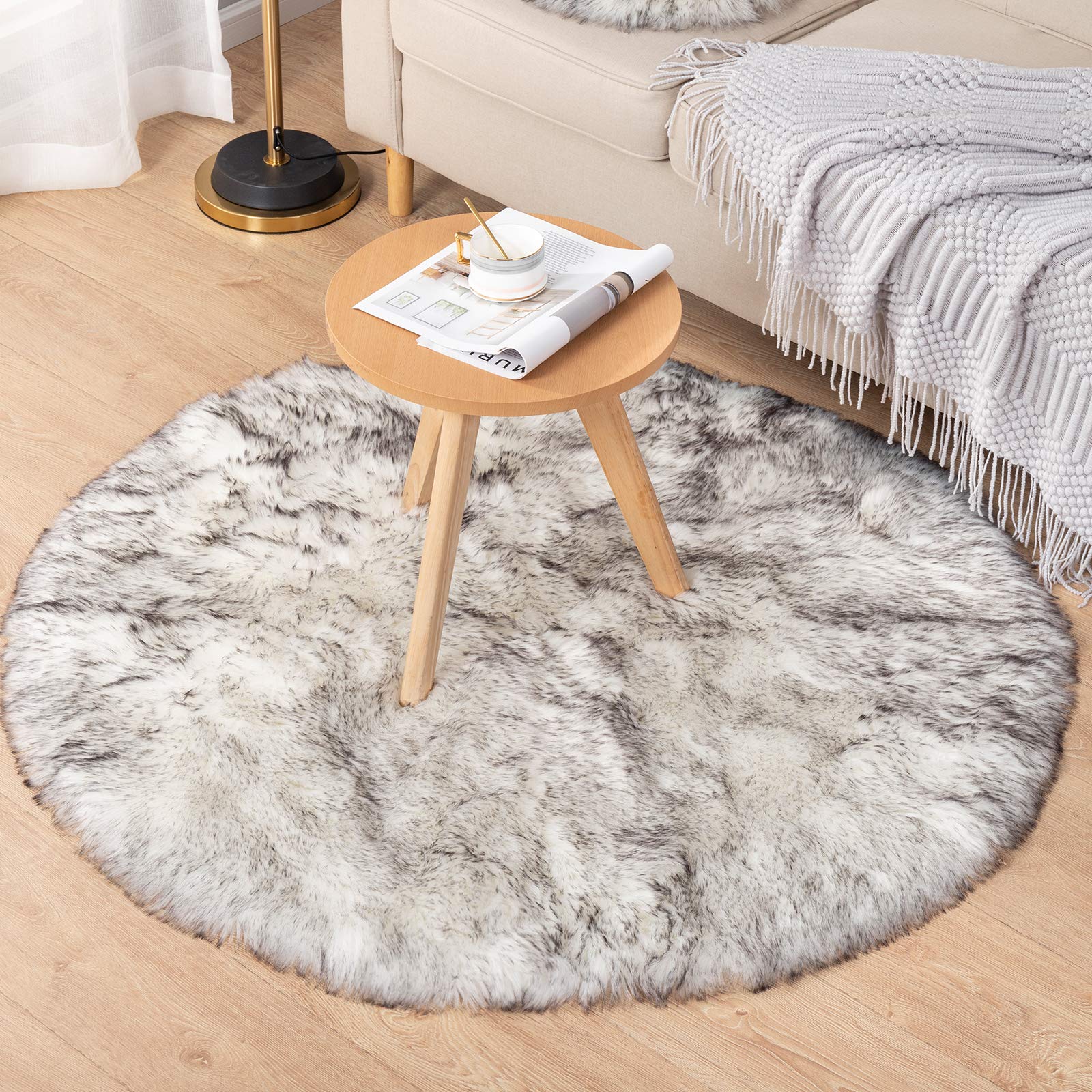 Premium Faux Sheepskin Round Area Rug - 4ft Fluffy Soft White Fur Rug with Black Tips for Bedroom, Living Room, Nursery Decor | Cozy Floor Mat for Kids Play Area, Bedside Carpet & Home Decorating