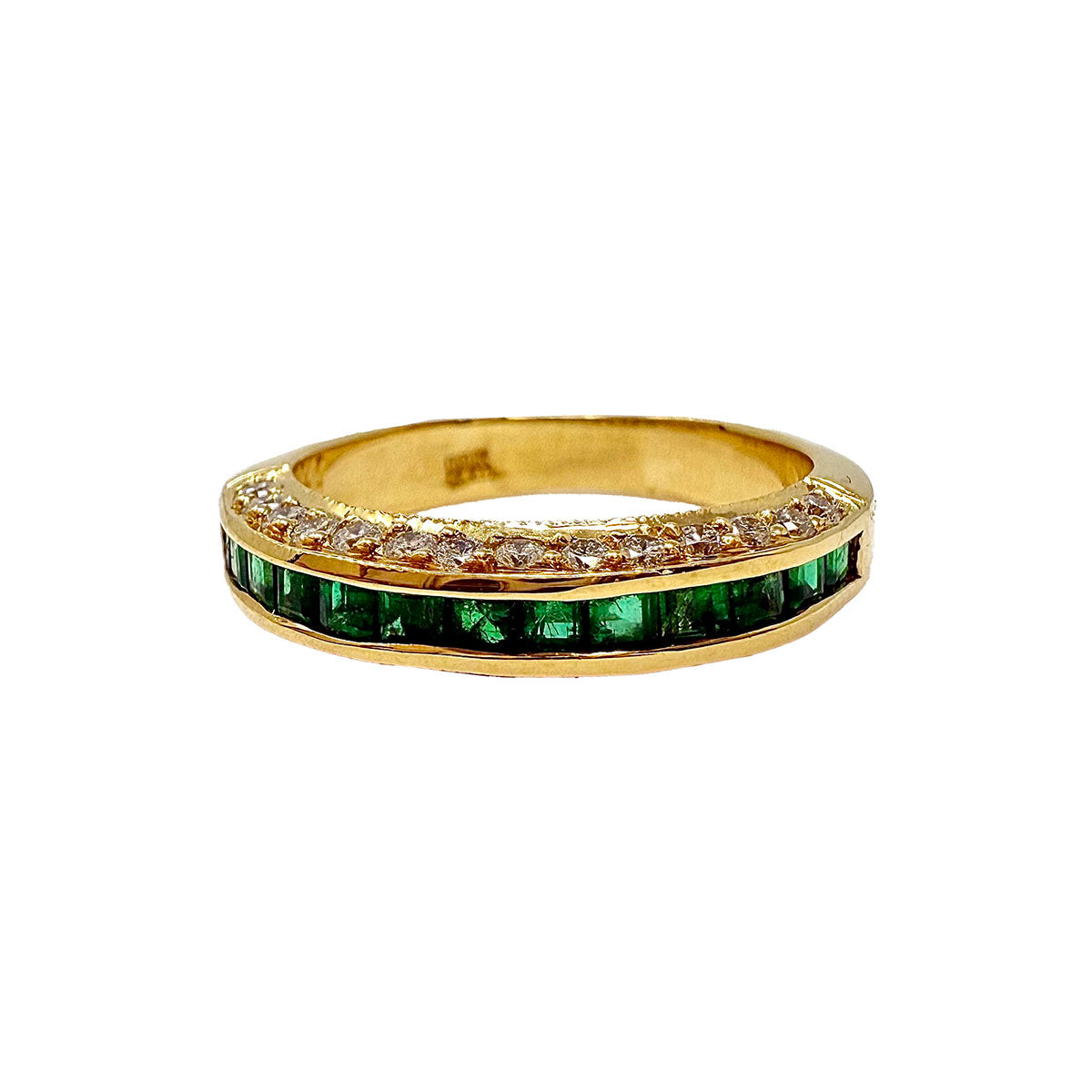 18K Gold Ring with 13 Channel Set Square Emeralds & 28 Diamonds - Elegant Jewelry for Weddings, Anniversaries & Special Occasions