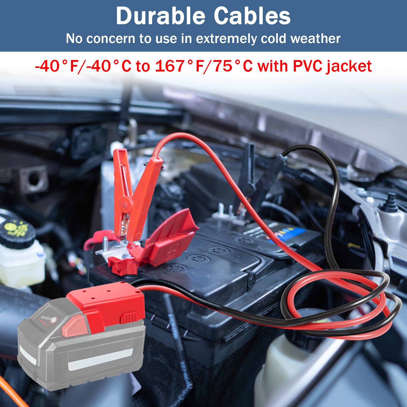 Milwaukee M18 18V Battery Jumper Cable Clamps - 3.28FT 8AWG Heavy Duty Car Battery Booster Cables with Adapter for Jump Starting Dead Batteries - Perfect for Emergency Roadside Assistance & Vehicle Maintenance